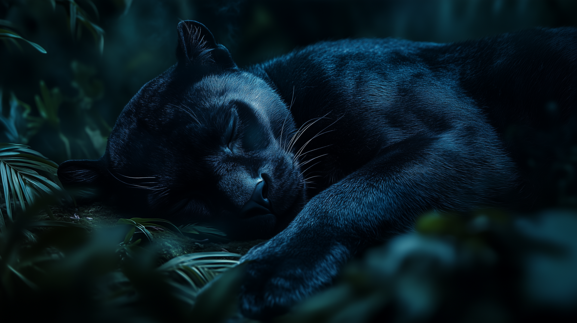 A serene black panther sleeps peacefully amidst lush greenery, captured in stunning HD detail, making for a captivating desktop wallpaper.