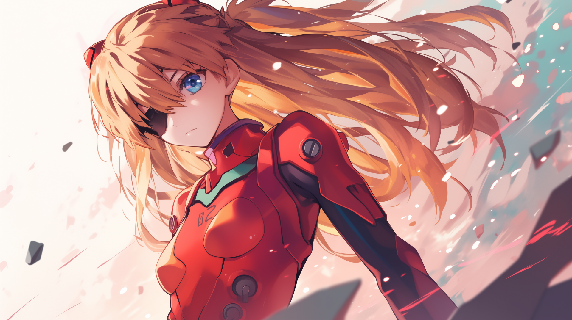 High-definition wallpaper of Asuka Langley Sohryu from Neon Genesis Evangelion, featuring her iconic eye patch and vibrant red suit against a dynamic background.