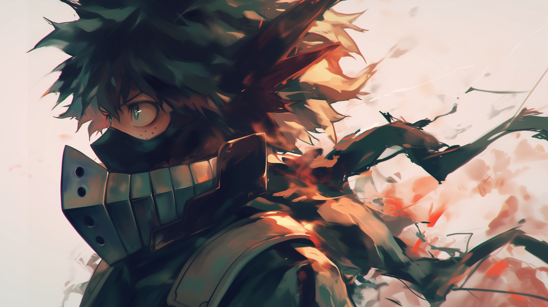 A striking HD wallpaper featuring Dark Deku from My Hero Academia, showcasing Izuku Midoriya with a fierce expression and dynamic, swirling effects in the background.