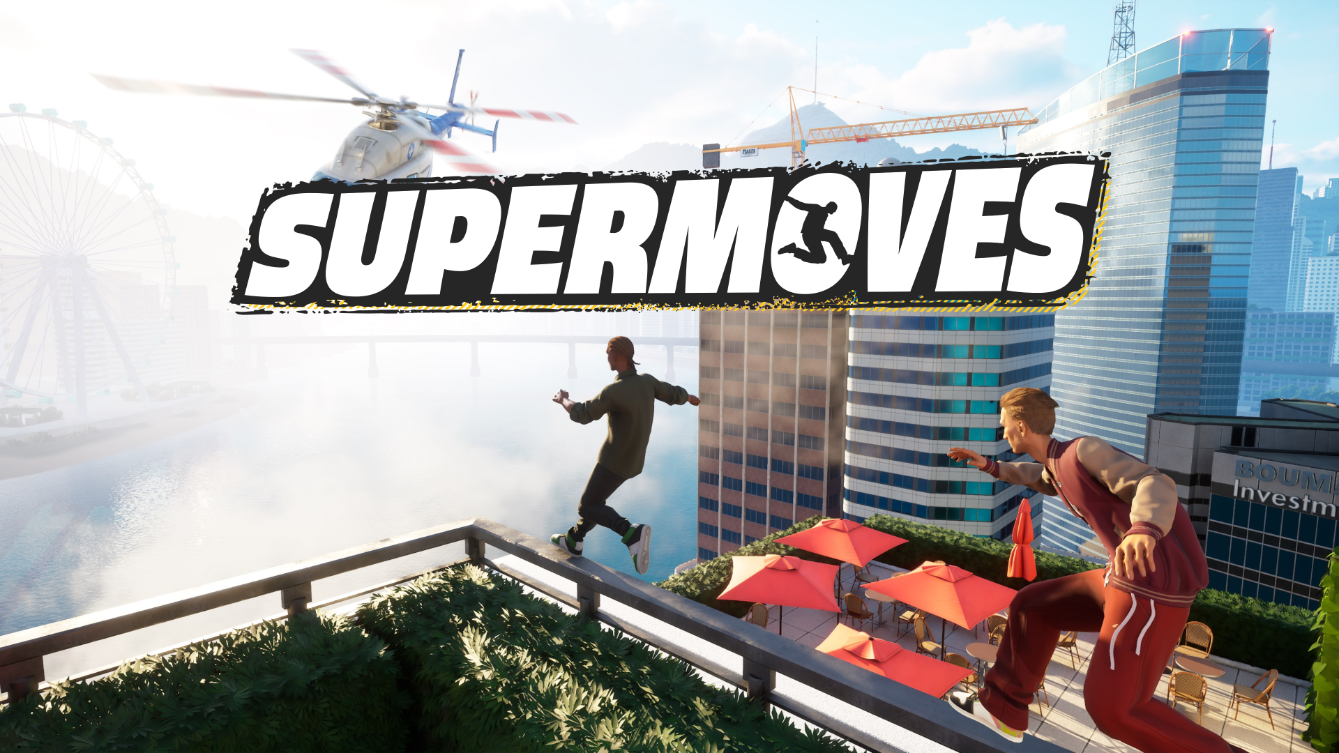 HD desktop wallpaper featuring action-packed scene from the video game Supermoves, showcasing characters leaping between skyscrapers as a helicopter hovers overhead.