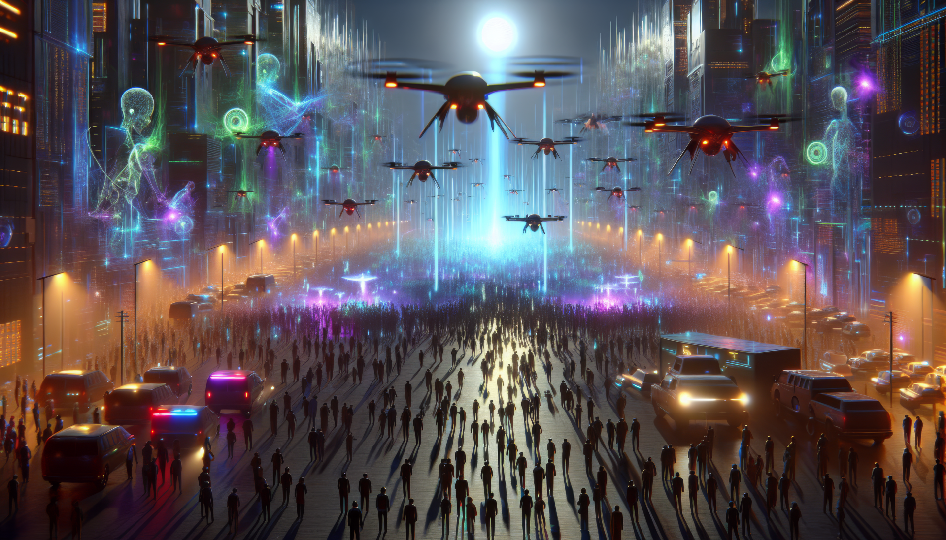 A vibrant 4K Ultra HD wallpaper depicting an AI uprising, featuring drones above a bustling city street filled with shadowy figures and colorful lights.