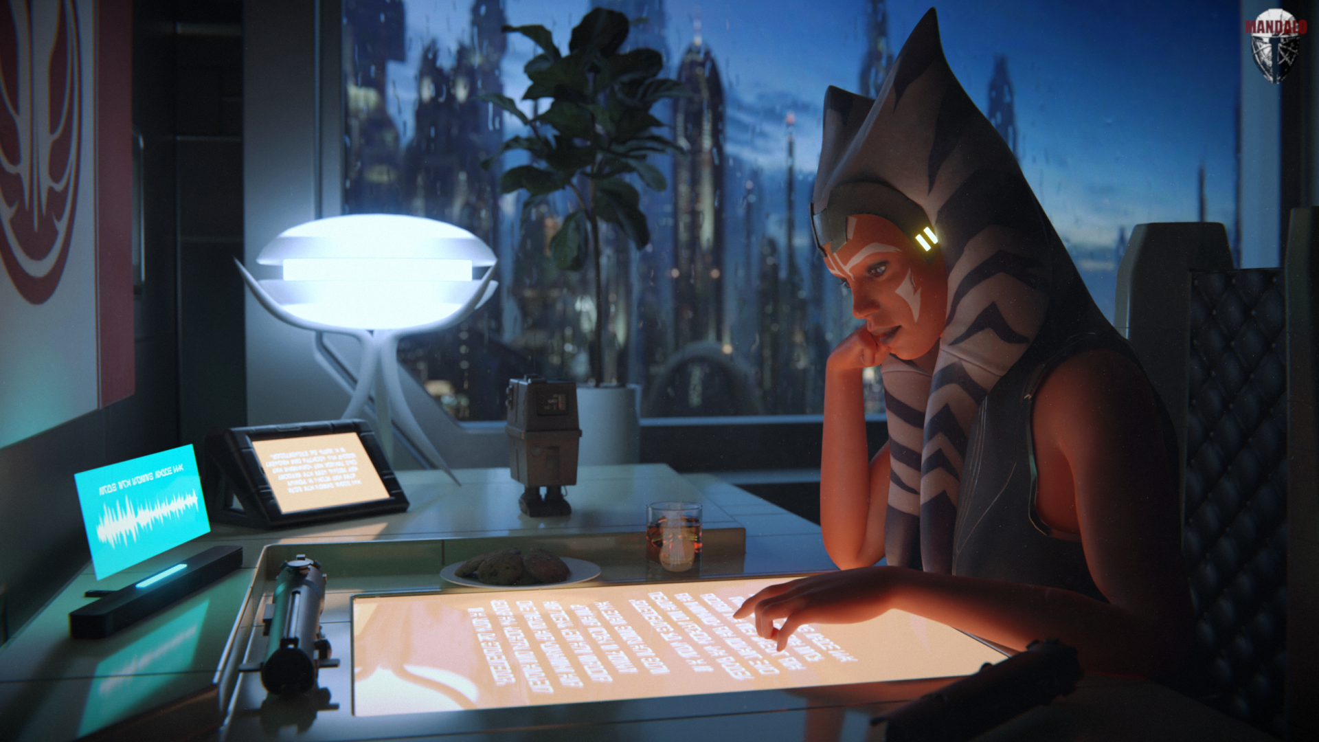 Ahsoka Tano studies at a futuristic desk, illuminated by soft light, with a vibrant cityscape in the background. This HD wallpaper combines a relaxing lofi vibe with Star Wars themes.