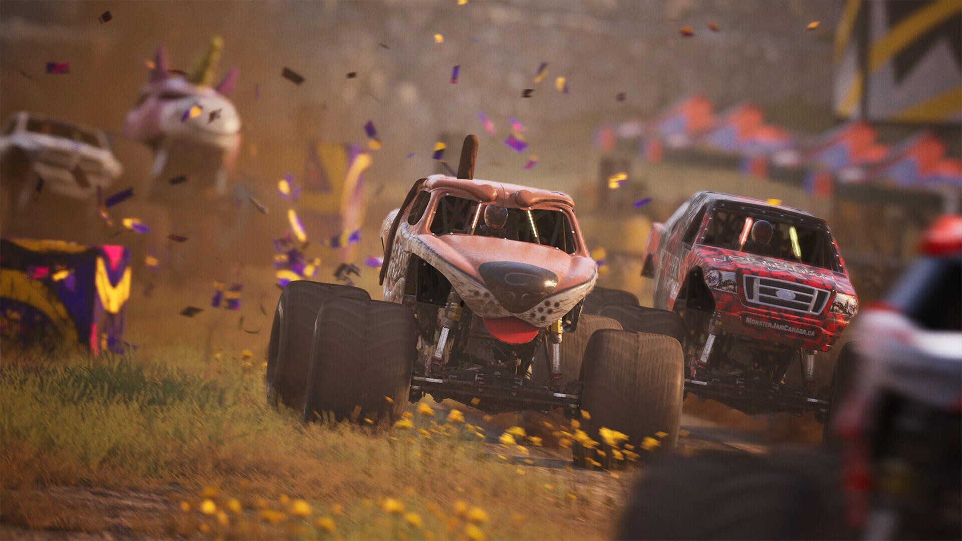 High-definition wallpaper featuring an intense scene from Monster Jam Showdown, showcasing powerful monster trucks racing through a vibrant, dynamic environment.