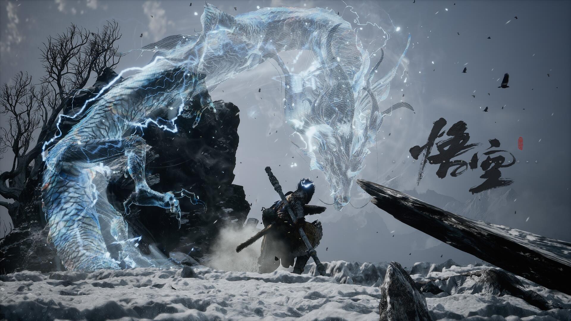HD PC desktop wallpaper of Black Myth: Wukong featuring a warrior confronting a large, mystical dragon in a snowy, dark landscape.