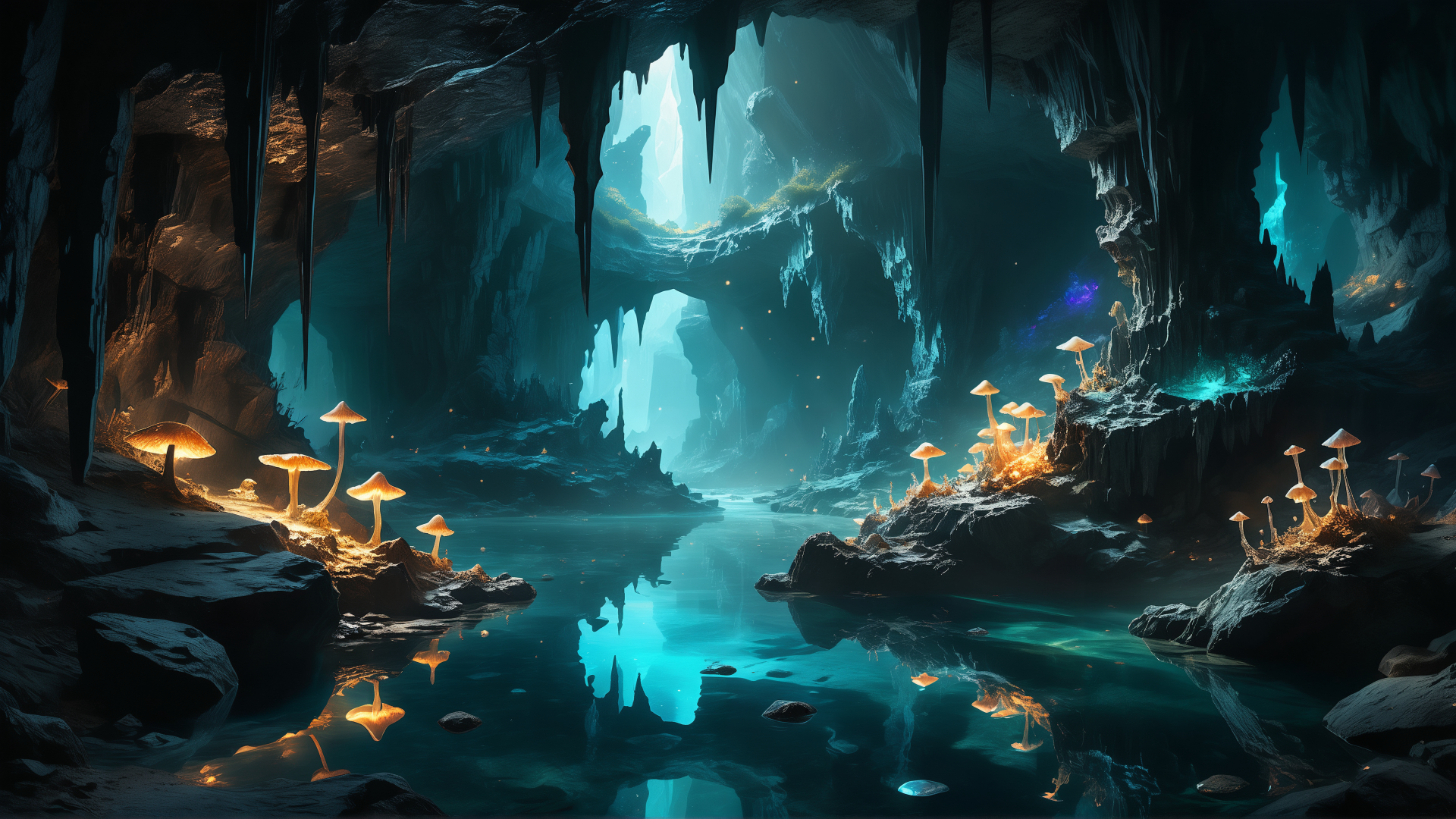 4K Ultra HD fantasy desktop wallpaper featuring a glowing cavern filled with luminous mushrooms surrounding a tranquil underground pool.