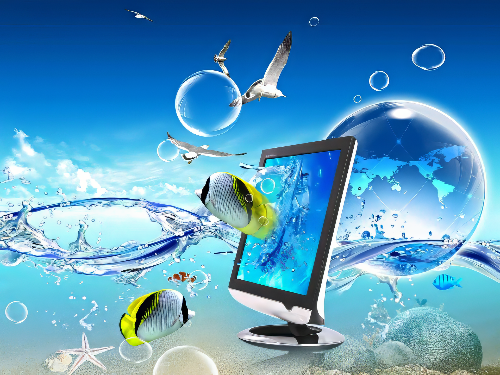 A vibrant HD PC desktop wallpaper featuring a monitor immersed in water, with colorful fish, bubbles, and seagulls, all set against a bright blue sky. Frutiger Aero style elements enhance the scene.