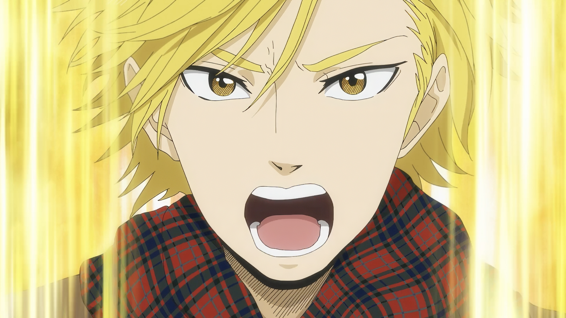 Close-up of an intense blonde anime character from Murai in Love, featured in an HD PC desktop wallpaper and background.