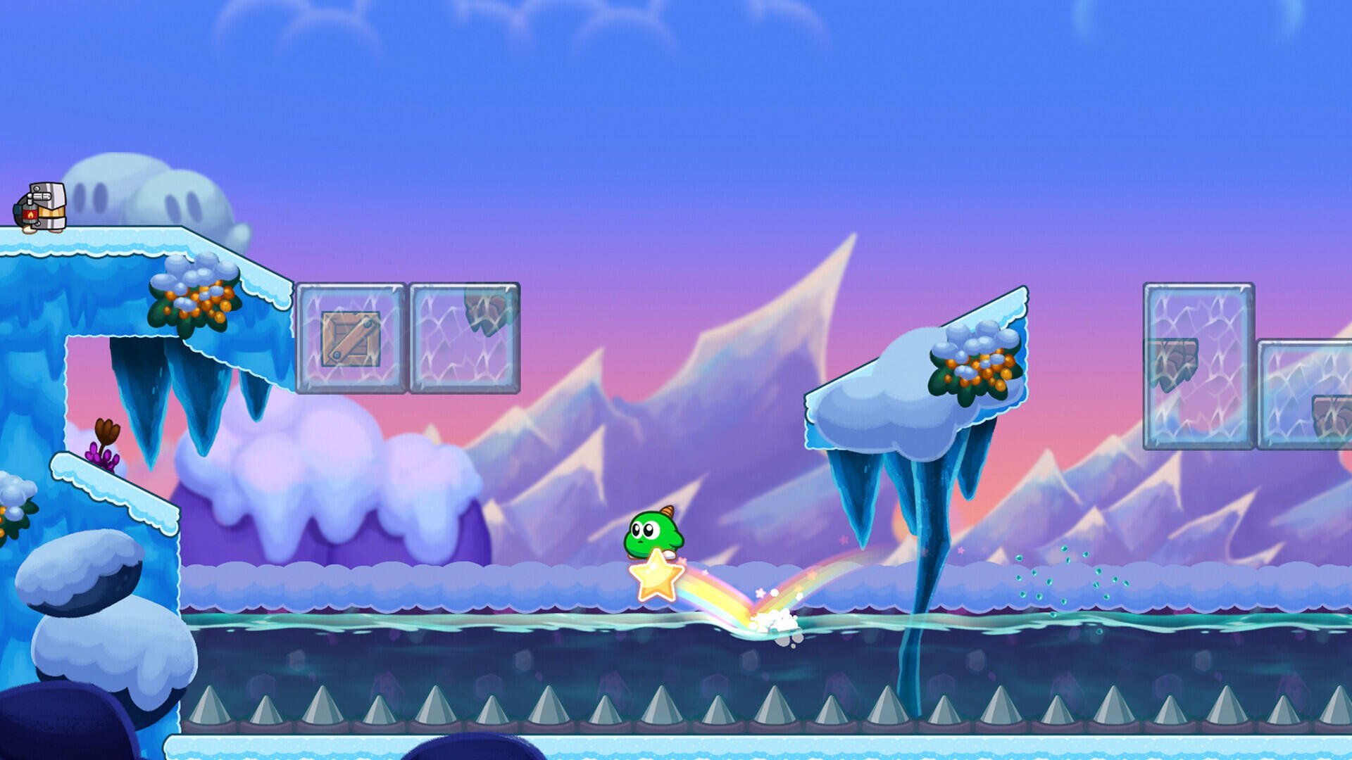 A vibrant HD wallpaper from the video game Gimmick! 2, showcasing a colorful icy landscape with a character gliding on a rainbow-colored trail against a pastel sky.