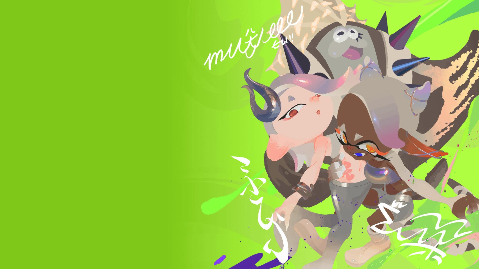 HD Splatoon-themed PC desktop wallpaper featuring vibrant green background and stylized characters in dynamic, colorful design.