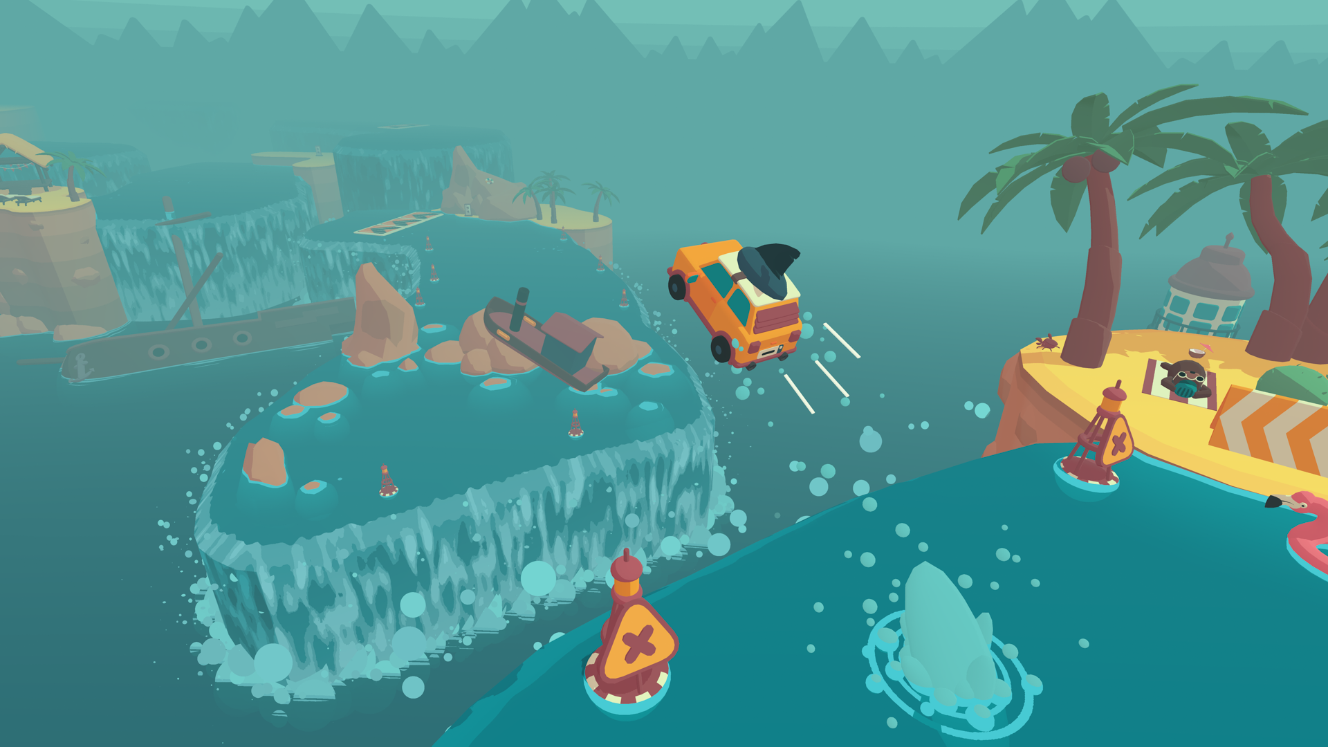 An HD desktop wallpaper featuring a vibrant scene from the video game WHAT THE CAR?, showcasing a whimsical car jumping over islands and water, surrounded by playful characters.