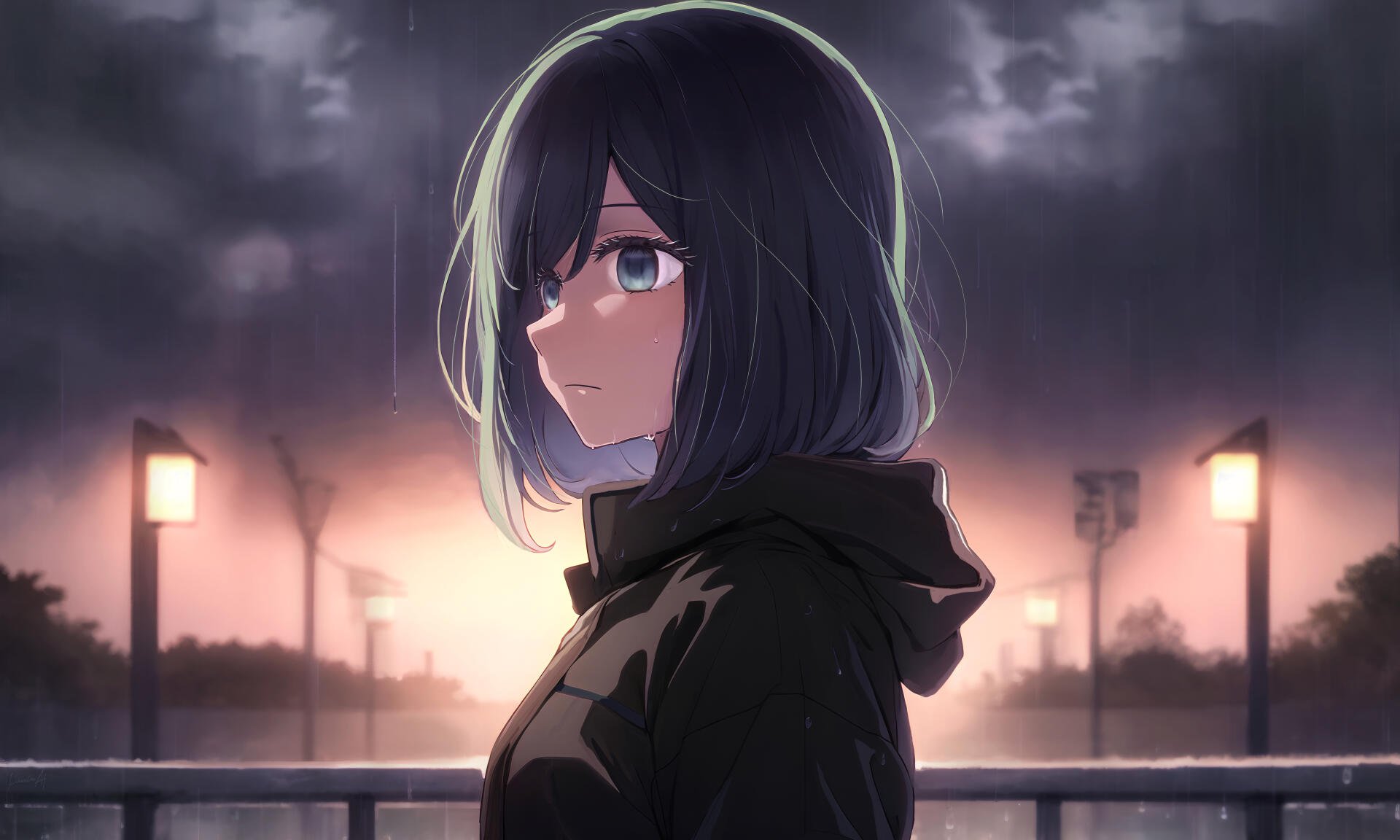 A sad Akane Kurokawa from Oshi no Ko stands alone, gazing into the distance against a moody, twilight background in this striking 4K Ultra HD anime wallpaper.