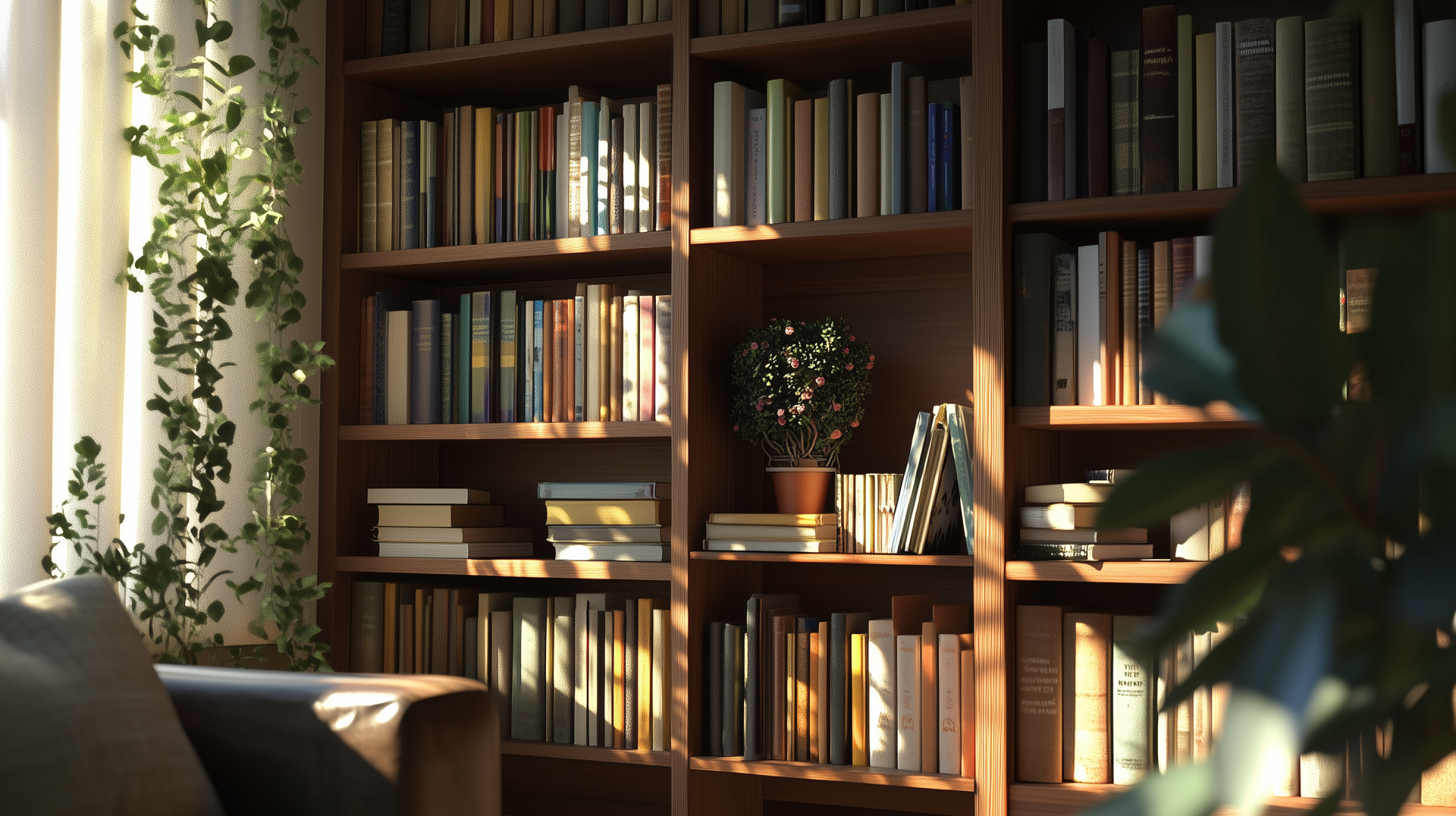 A cozy bookshelf filled with books, illuminated by soft sunlight, features a small plant, creating a warm and inviting atmosphere. This HD desktop wallpaper enhances any workspace.