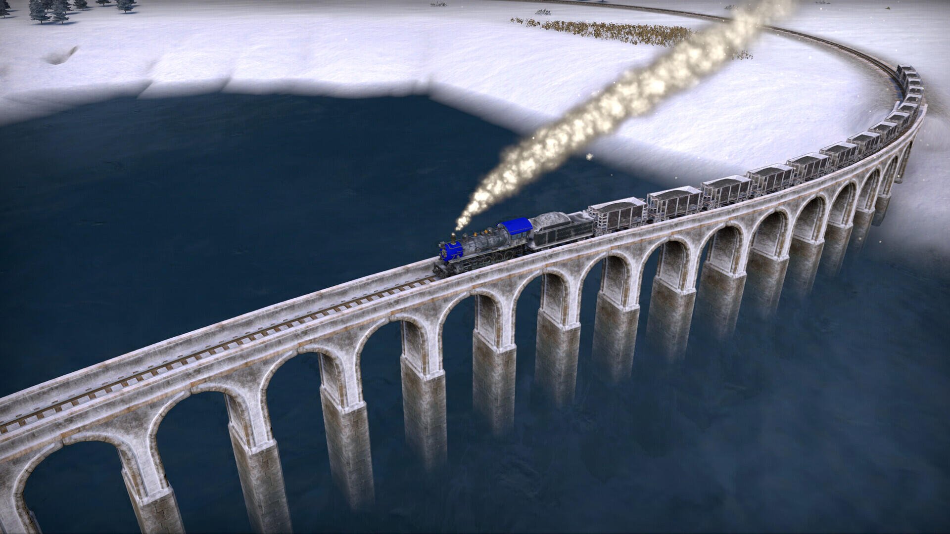A high-definition wallpaper from the video game Railroad Corporation 2, featuring a train crossing a bridge over water with a snowy landscape in the background.