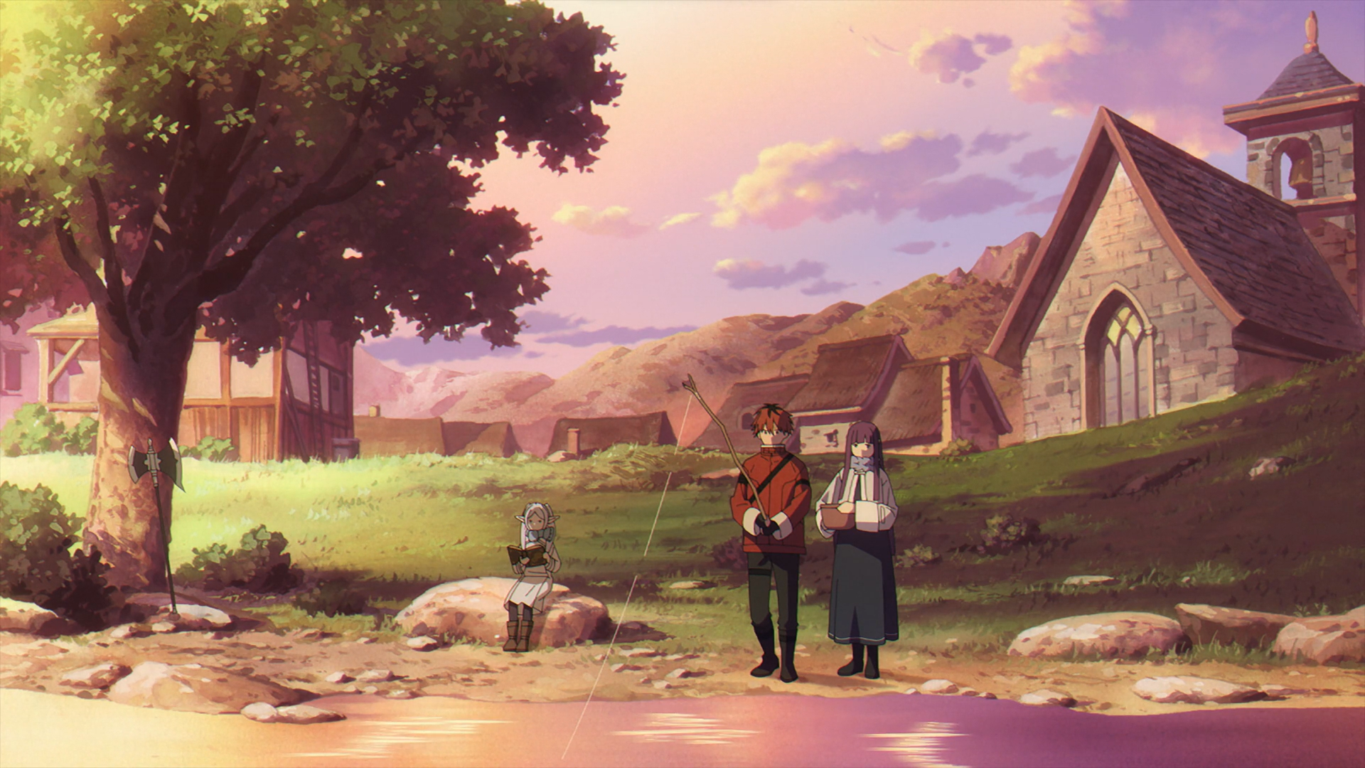 HD PC desktop wallpaper featuring Frieren, Fern, and Stark from Frieren: Beyond Journey's End standing together in a peaceful village setting at sunset.