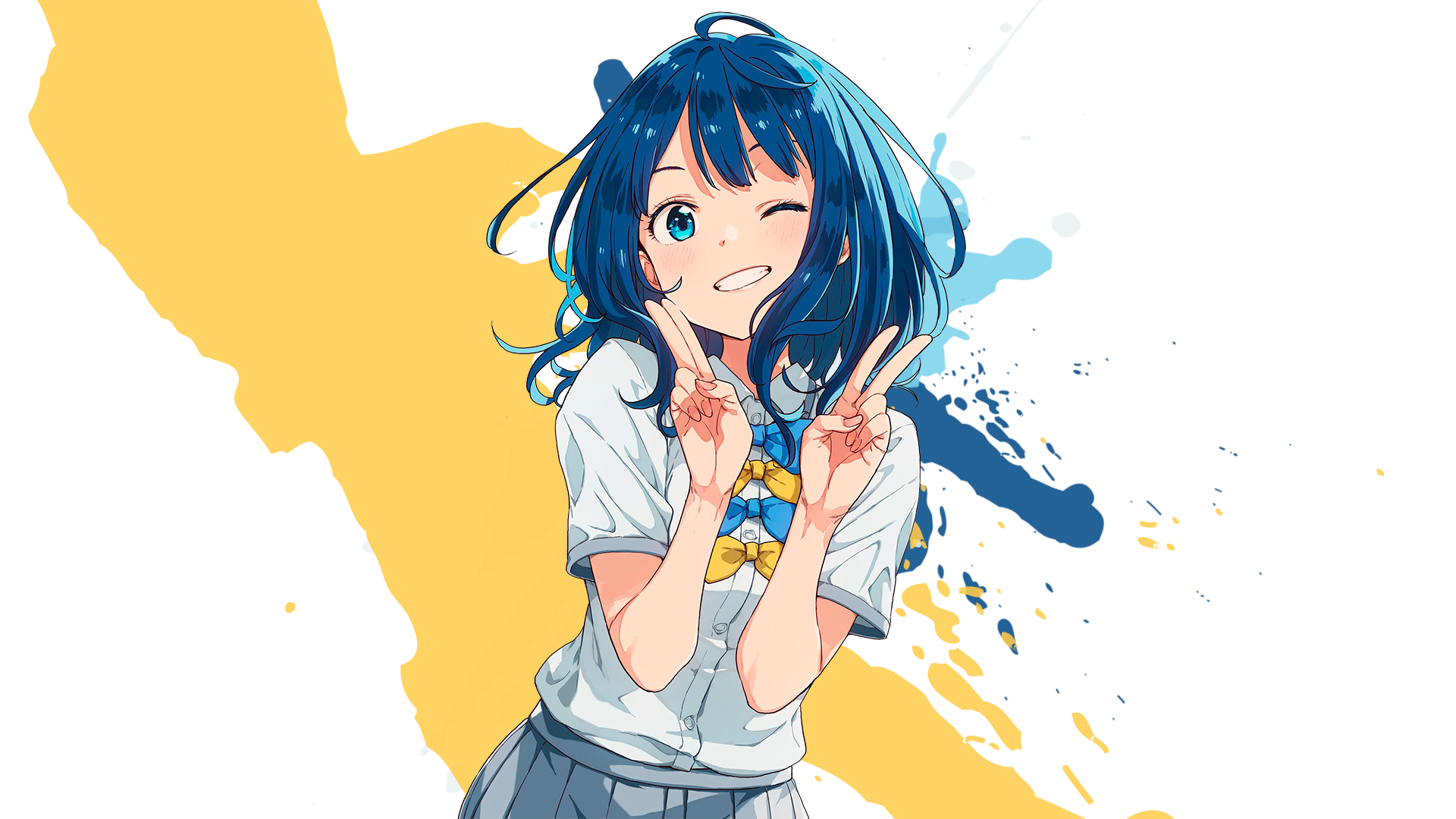HD anime desktop wallpaper featuring Anna Yanami from Too Many Losing Heroines!, showing her with blue hair, a wink, and flashing a peace sign.