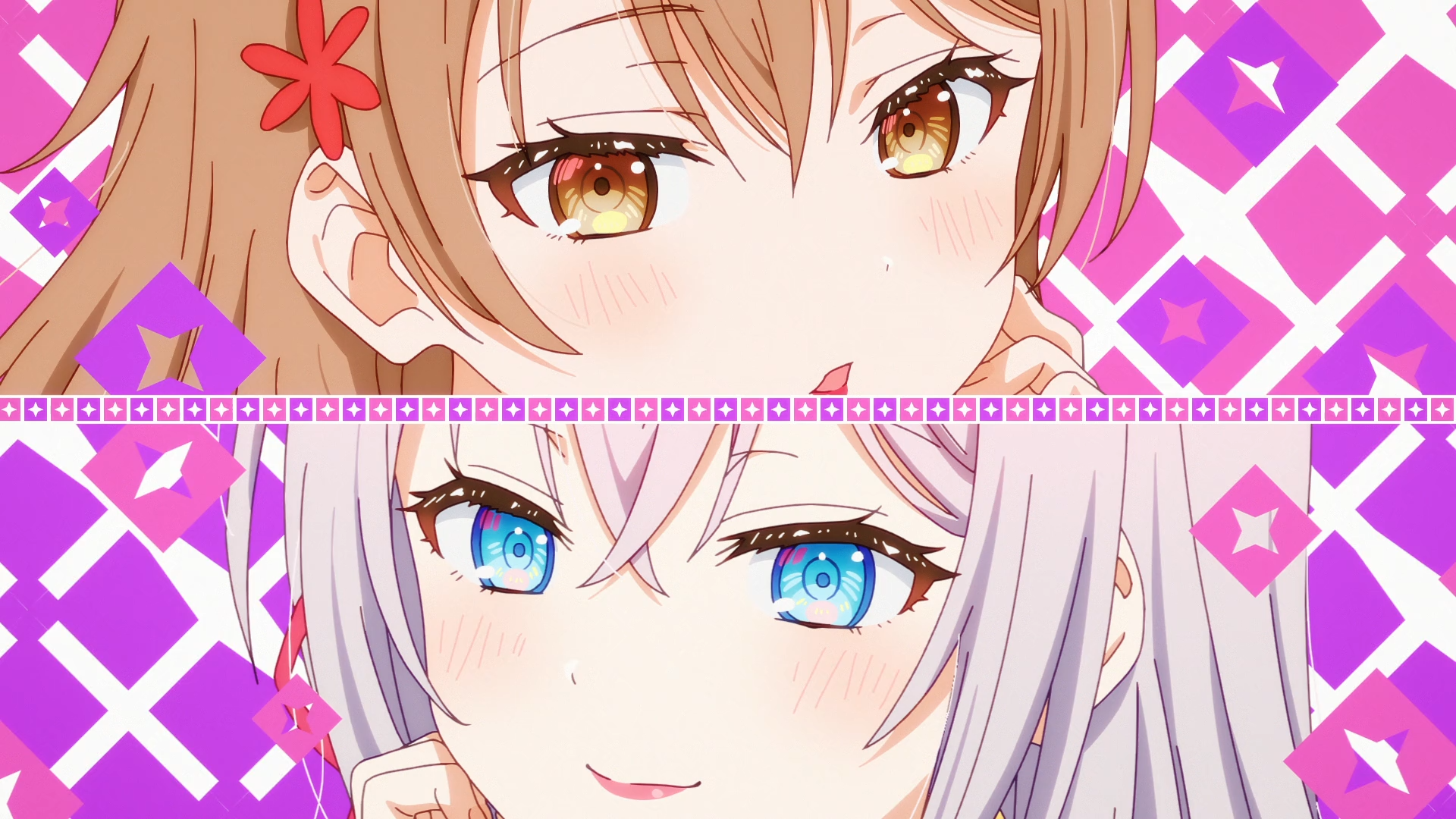 HD anime desktop wallpaper featuring Alisa Mikhailovna Kujou and Maria Mikhailovna Kujou from Alya Sometimes Hides Her Feelings in Russian, with vibrant pink geometric background.