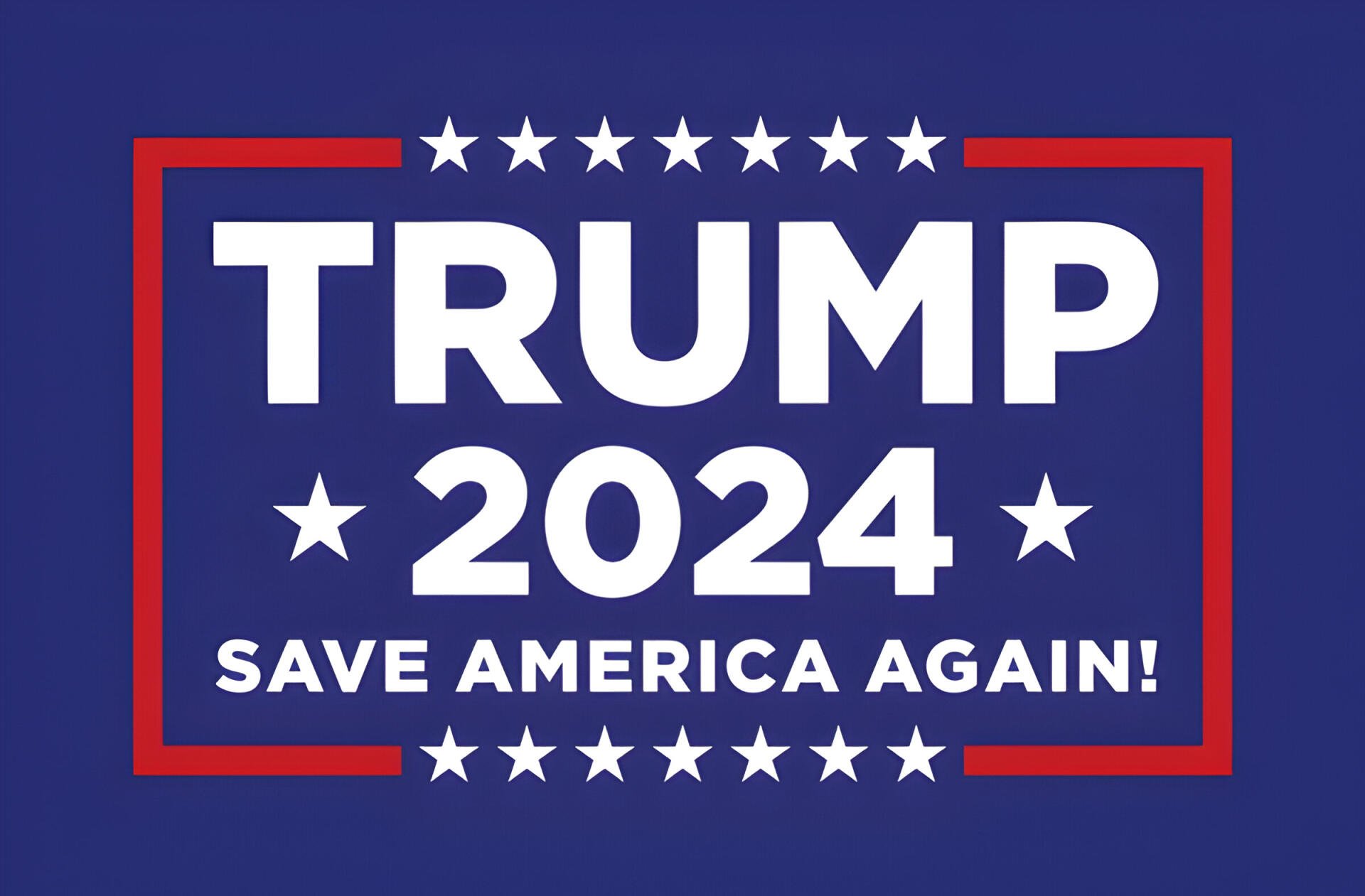 HD desktop wallpaper featuring a bold Trump 2024 Save America Again! design in white and red on a blue background with stars, inspired by MAGA themes.
