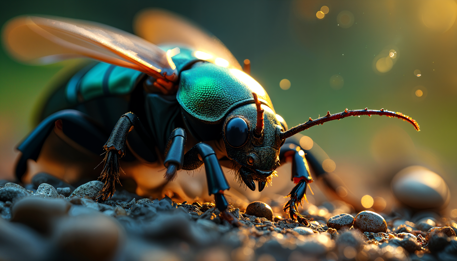 A close-up of a vibrant, iridescent beetle crawling over pebbles, captured in stunning detail, showcasing the natural beauty of macro photography in a 4K Ultra HD wallpaper.