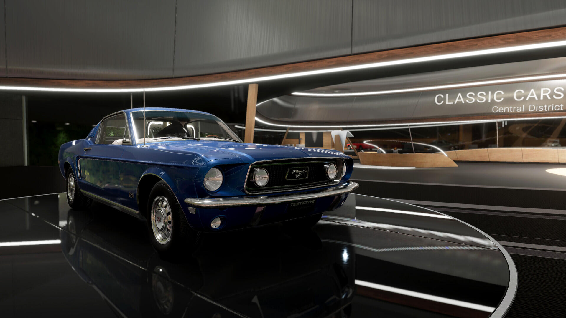 A stunning blue classic car displayed in a sleek showroom, capturing the essence of Test Drive Unlimited Solar Crown. A striking HD desktop wallpaper for any gaming enthusiast.