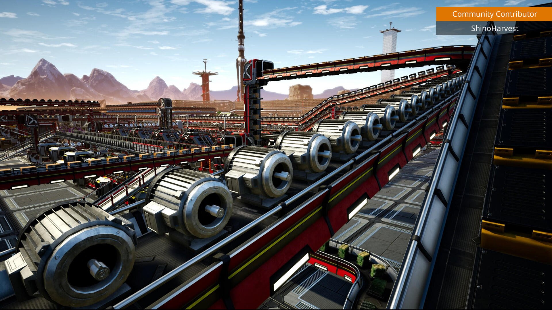 A vibrant HD wallpaper showcasing a complex factory setup in the video game Satisfactory, featuring intricate conveyor systems and a mountainous backdrop under a clear sky.