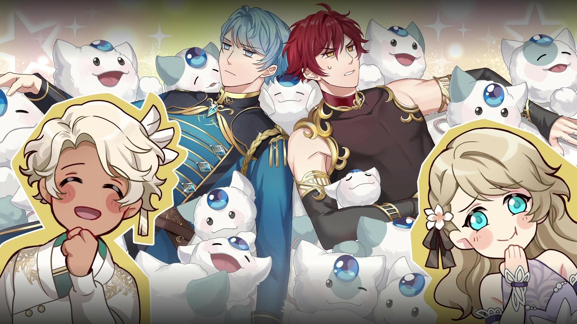 HD wallpaper from the video game Celestia: Chain of Fate, featuring characters amidst adorable creatures, showcasing vibrant colors and engaging expressions.