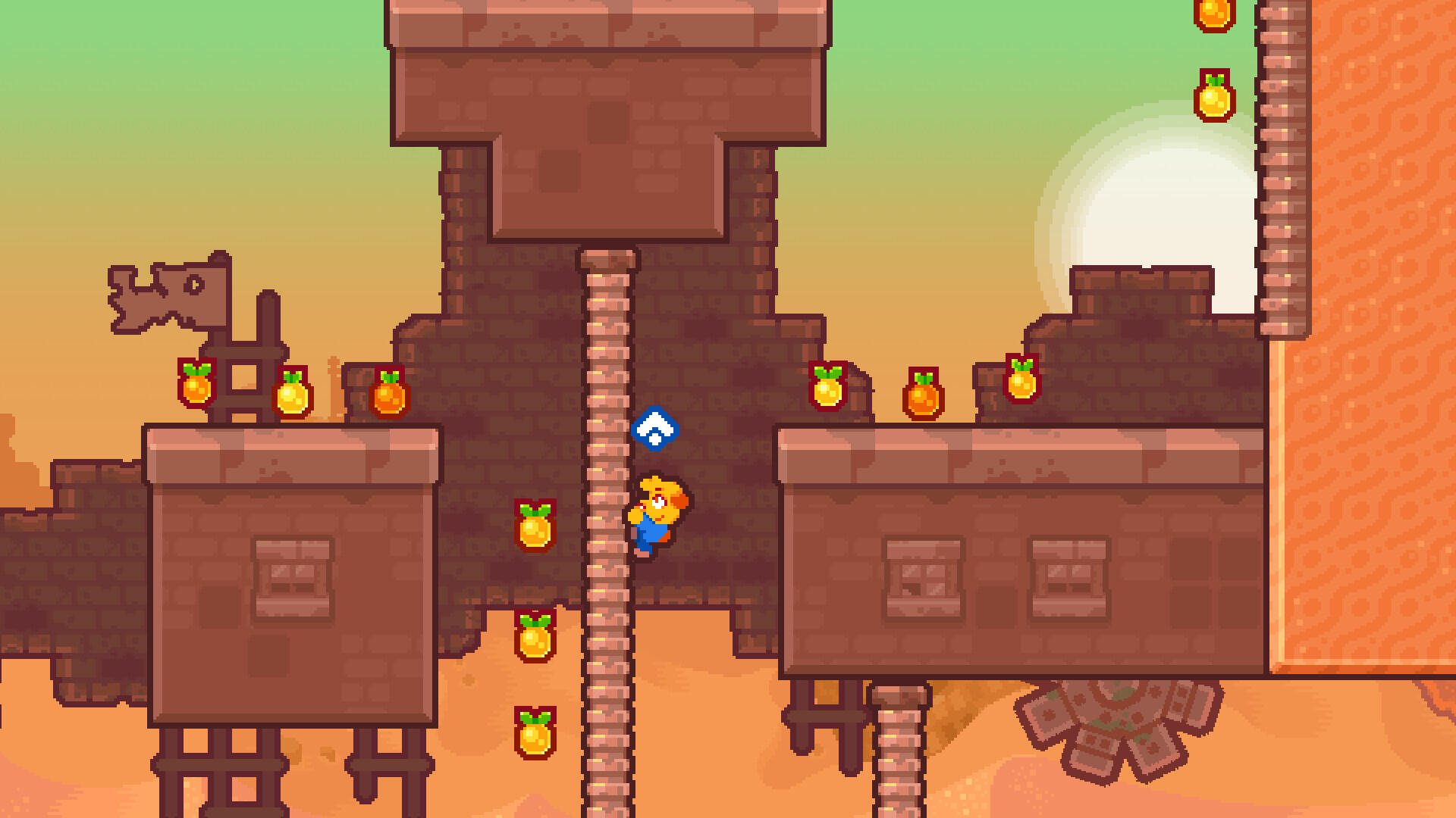 A colorful HD wallpaper from the game Grapple Dogs: Cosmic Canines, featuring a character climbing a rope between structures, surrounded by collectible items against a vibrant backdrop.