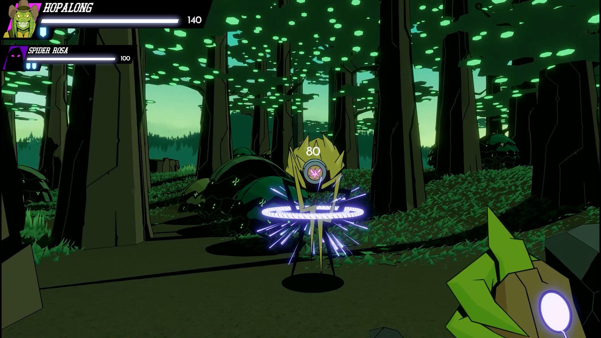 HD wallpaper from the video game Wild Bastards, featuring a vibrant, stylized forest scene with dynamic lighting and colorful character design.