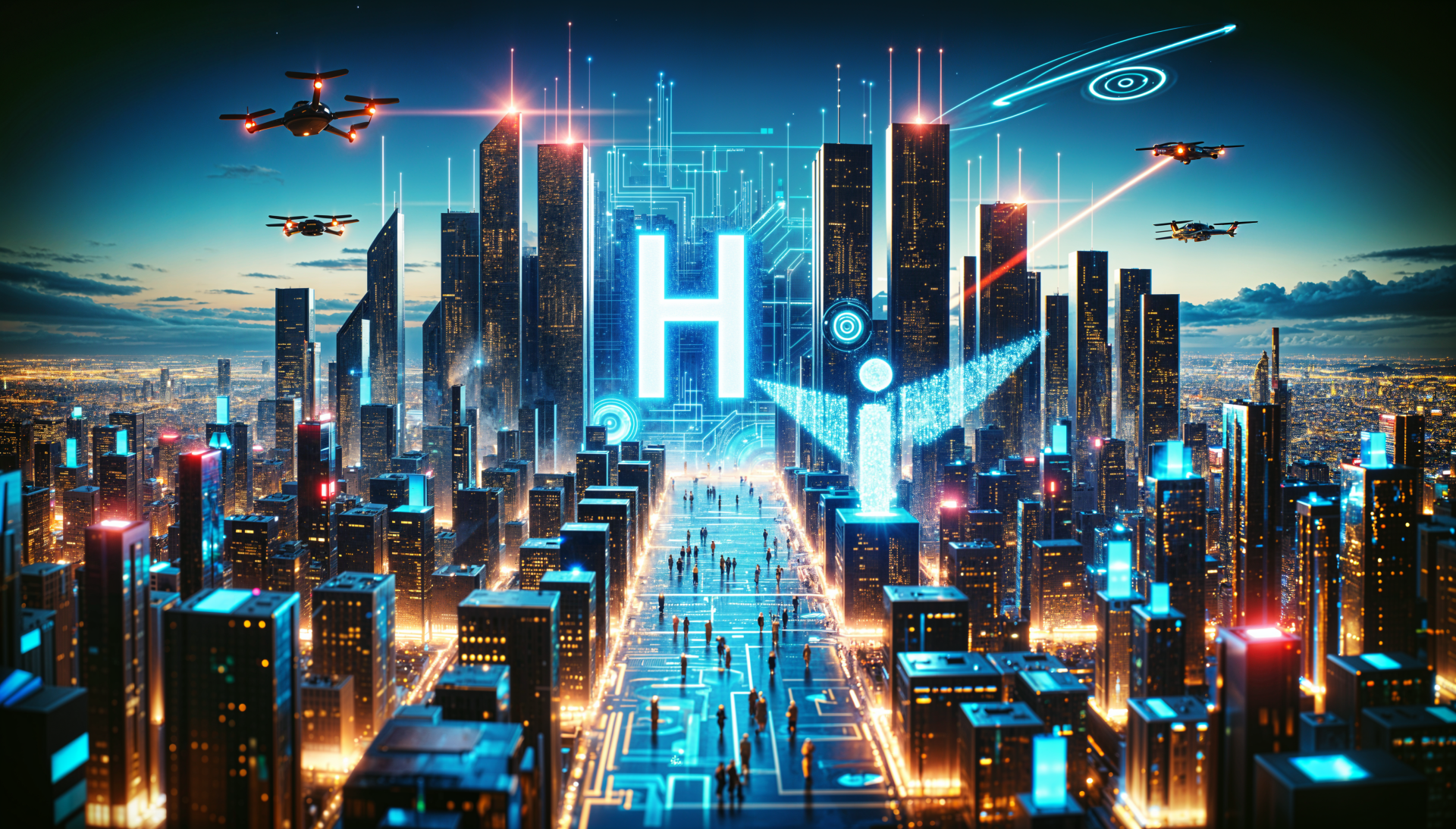 A futuristic cityscape in 4K Ultra HD, featuring towering skyscrapers, glowing neon lights, and drones flying across a vibrant skyline. The scene conveys a sense of advanced technology and innovation.