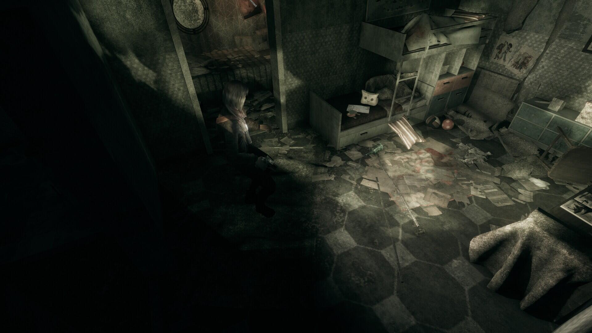 A dark and atmospheric scene from the video game Hollowbody, featuring a cluttered room with eerie lighting and scattered debris, designed as an HD PC desktop wallpaper.