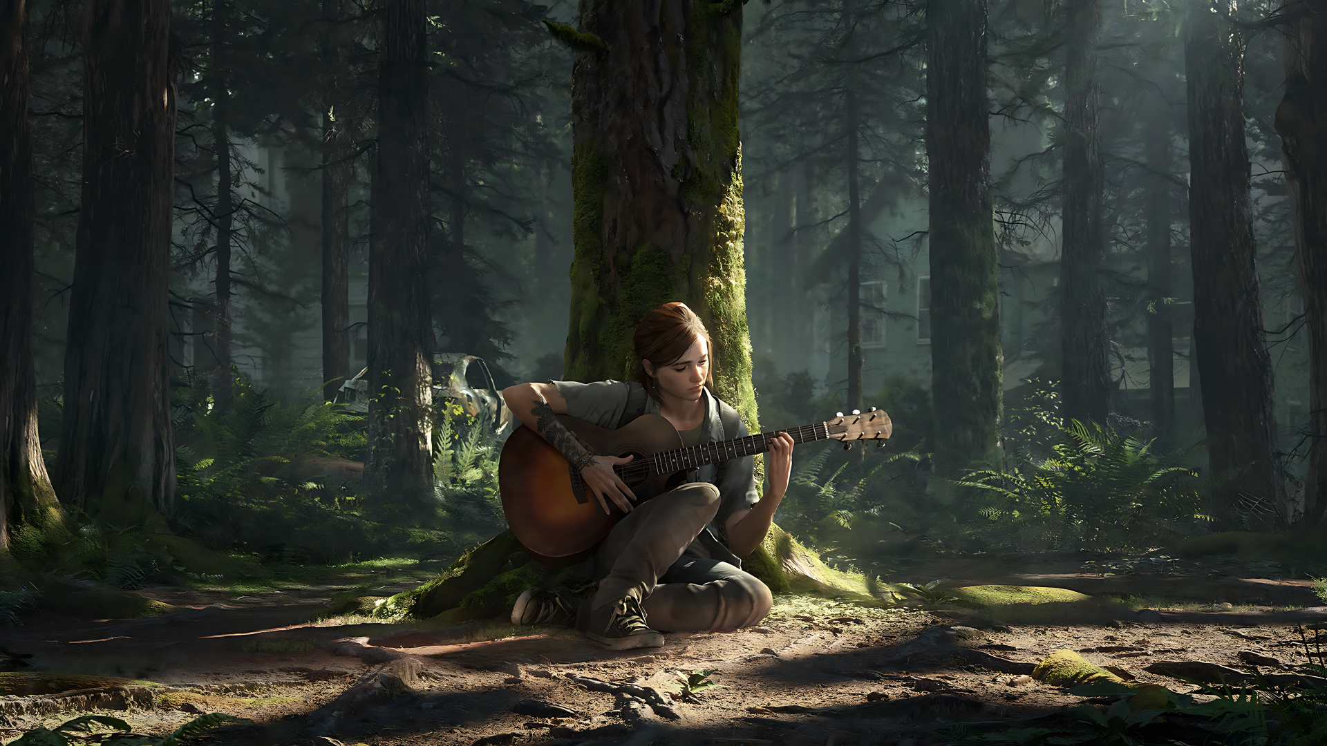 The Last Of Us 8K Ultra HD PC desktop wallpaper featuring a character sitting against a tree, playing guitar in a serene, sunlit forest setting.