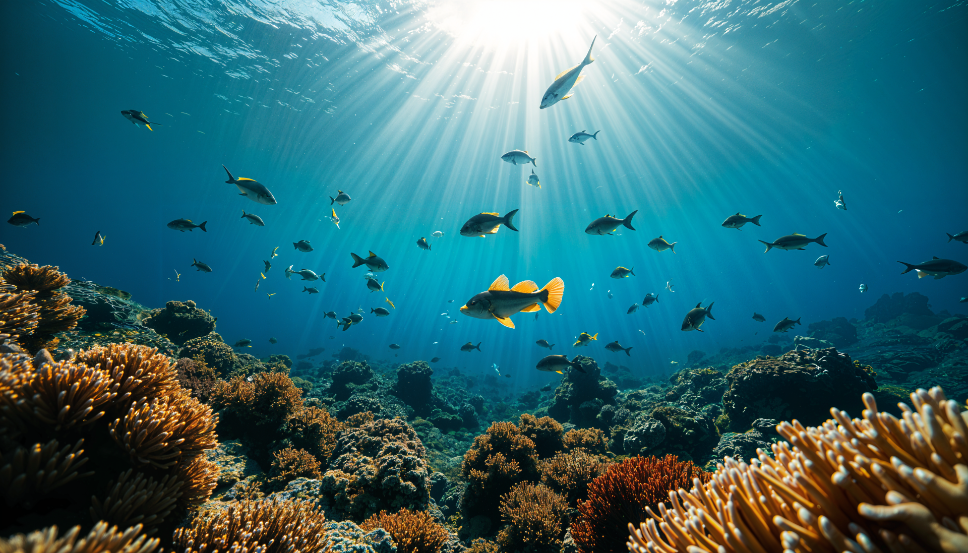 A vibrant underwater scene featuring colorful fish swimming among coral, illuminated by sunlight streaming through the ocean's surface. A stunning 4K Ultra HD wallpaper.