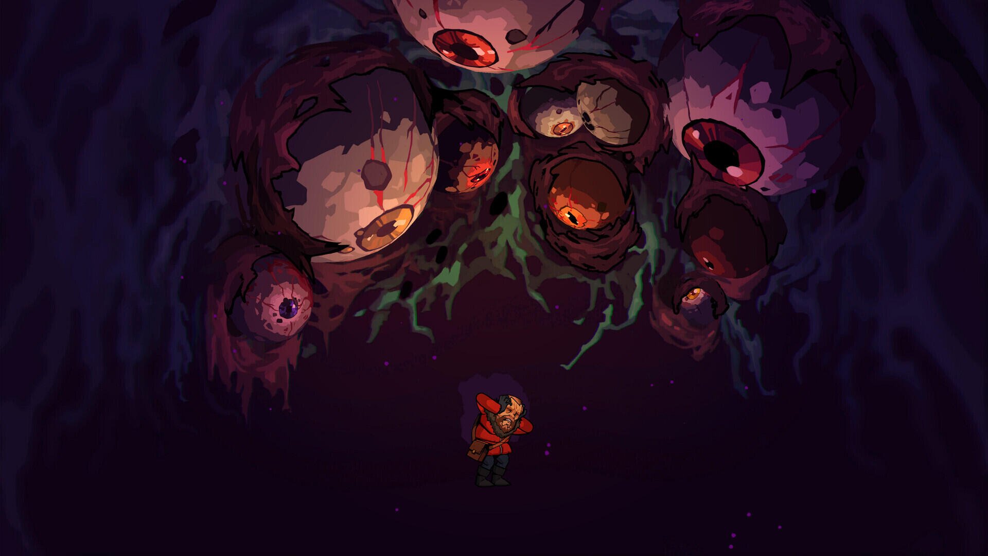 A haunting HD wallpaper from the video game Edge of Sanity, featuring a character surrounded by menacing, glowing eyes in a dark, surreal environment.