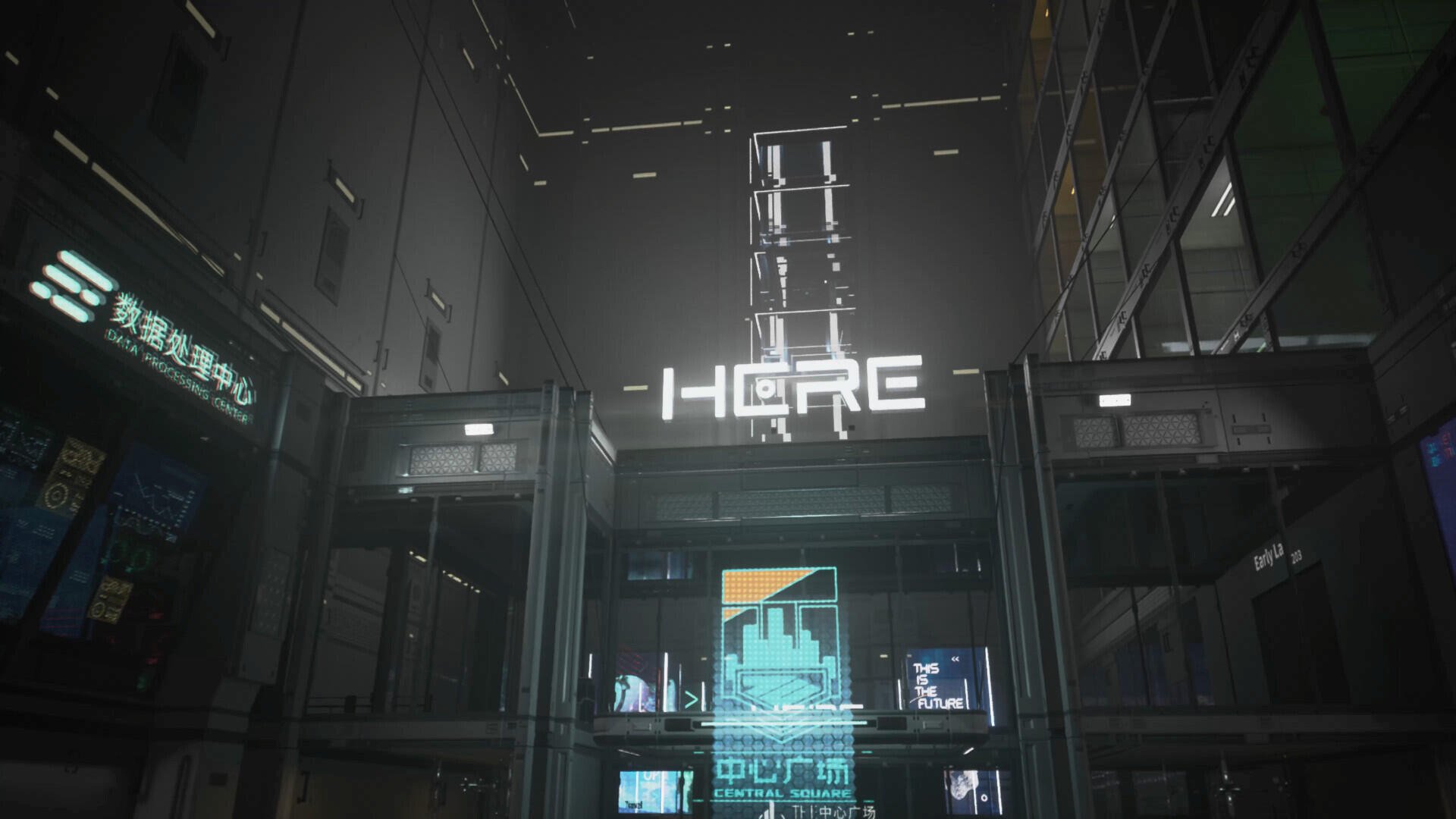 A high-definition PC desktop wallpaper featuring a futuristic urban environment from the video game EVOTINCTION, showcasing a prominent HERE sign amidst sleek architecture and digital displays.