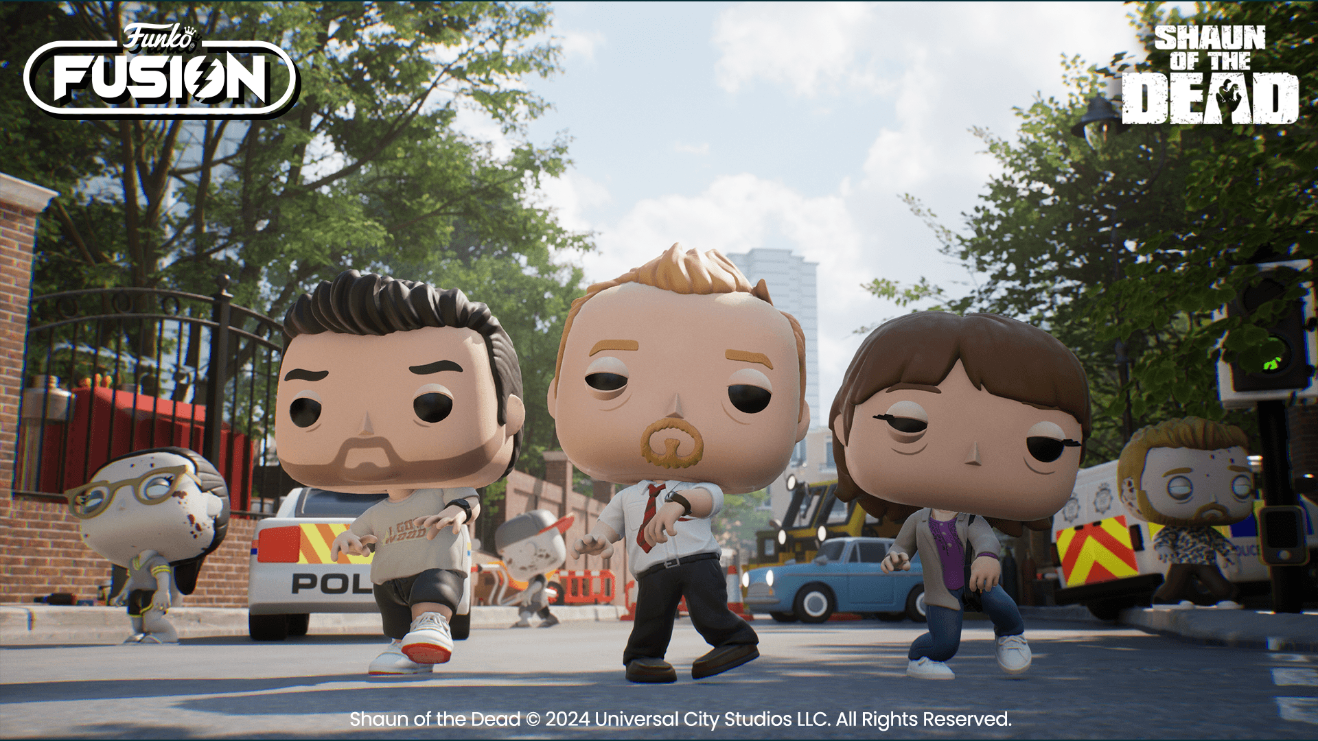 A vibrant HD wallpaper featuring Funko Fusion characters from Shaun of the Dead, showcasing a playful scene in a lively urban setting.