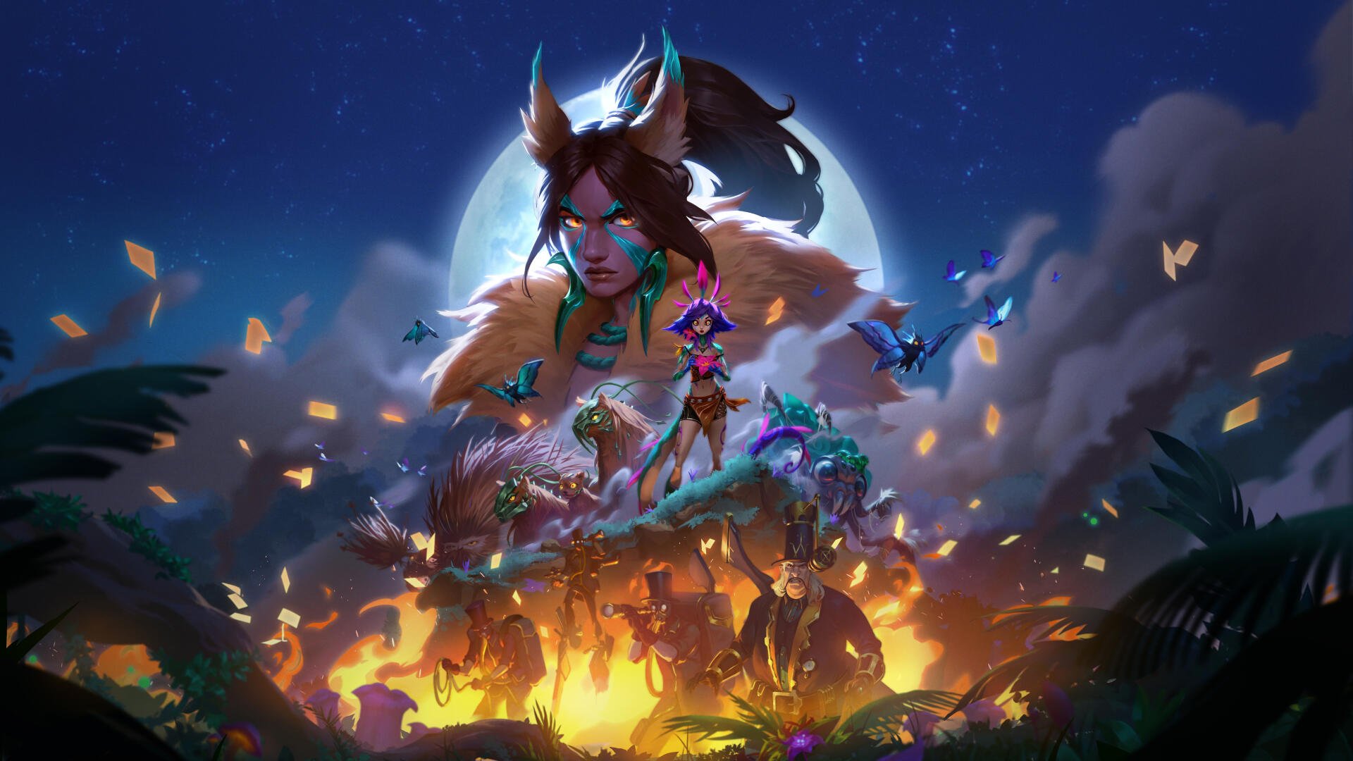 A vibrant 8K Ultra HD wallpaper featuring Neeko from League of Legends, set in a mystical landscape with colorful creatures against a backdrop of glowing flames and a full moon.