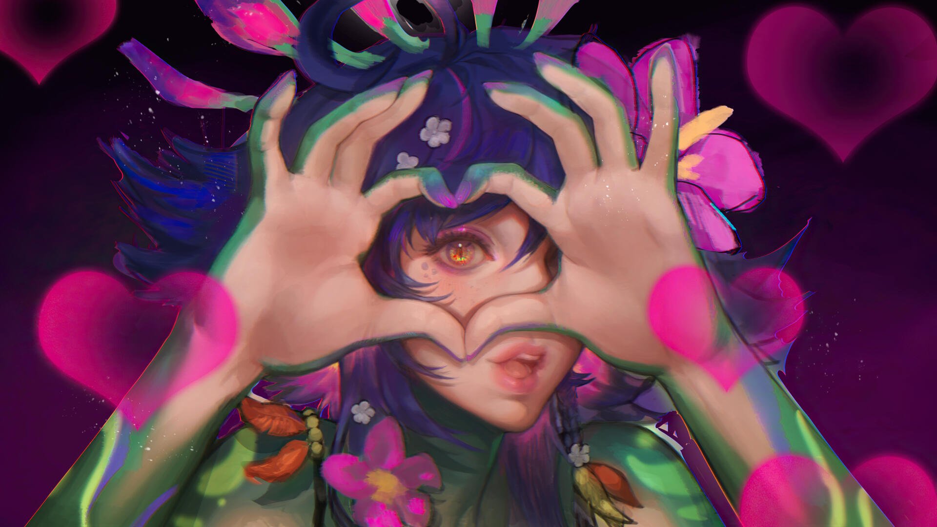 A vibrant 4K Ultra HD wallpaper featuring Neeko from Legends of Runeterra, expressing love amidst flowers and colorful hearts, highlighting her enchanting and playful spirit.