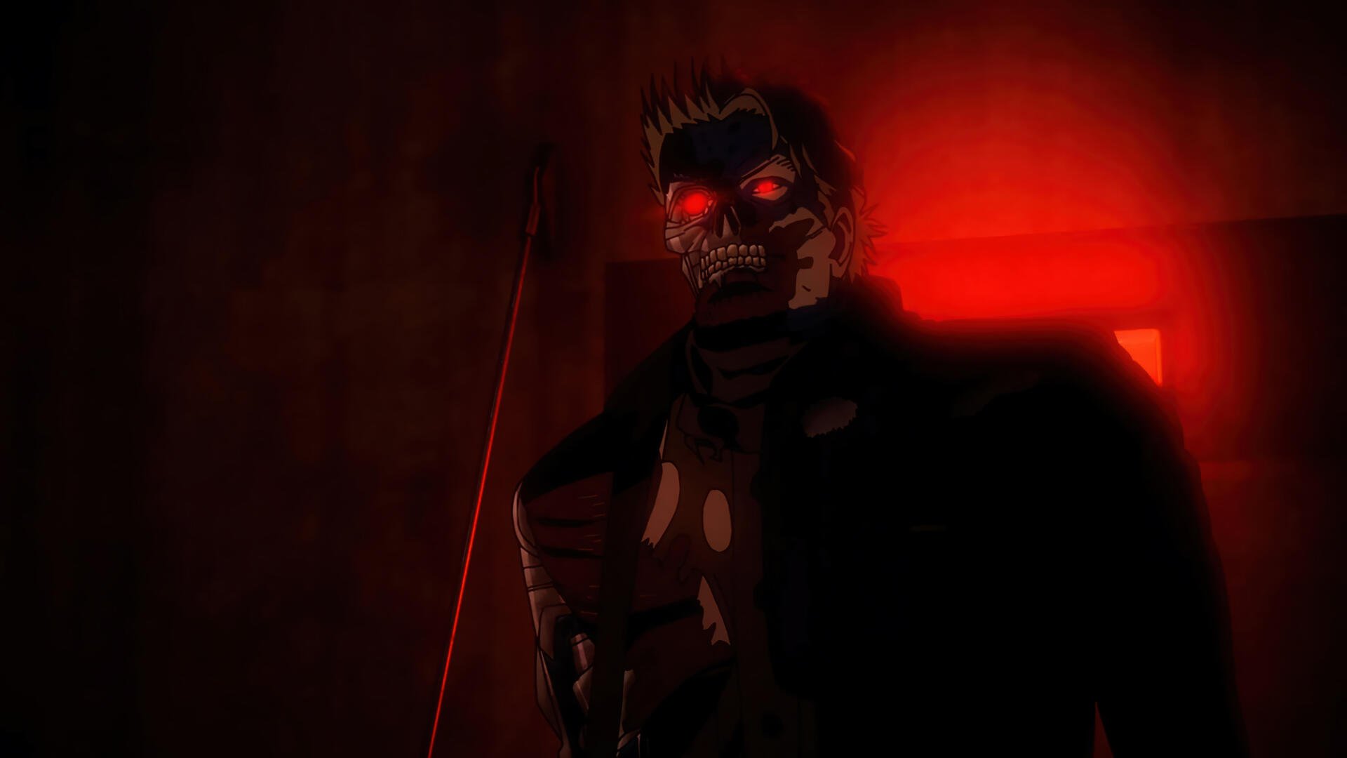 A dark, atmospheric scene features a character from Terminator Zero, showcasing a menacing figure with glowing red eyes against a red background. 4K Ultra HD quality enhances the dramatic effect.
