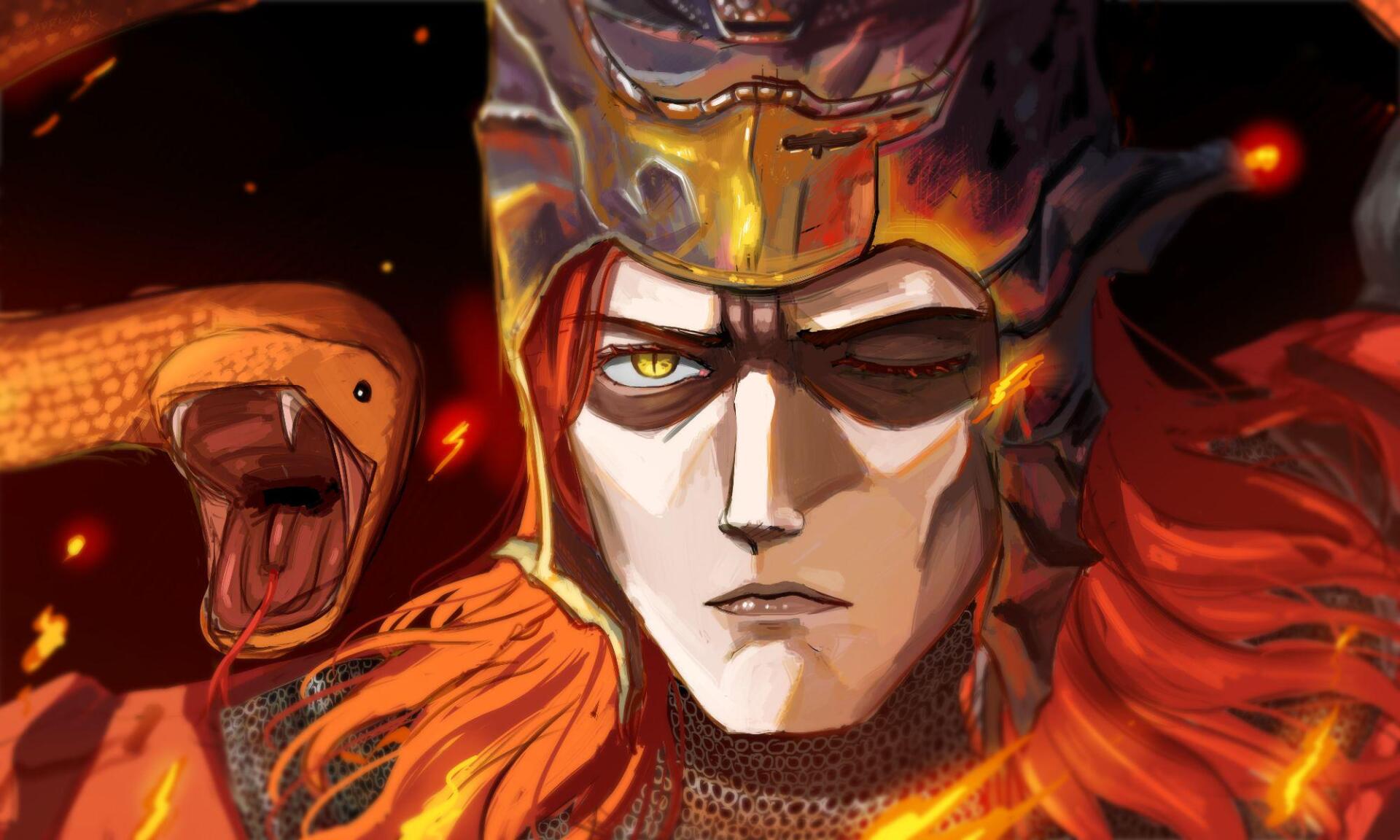 HD wallpaper featuring Messmer the Impaler from Elden Ring: Shadow of the Erdtree, showcasing a dramatic portrait with vibrant colors and intense expressions.