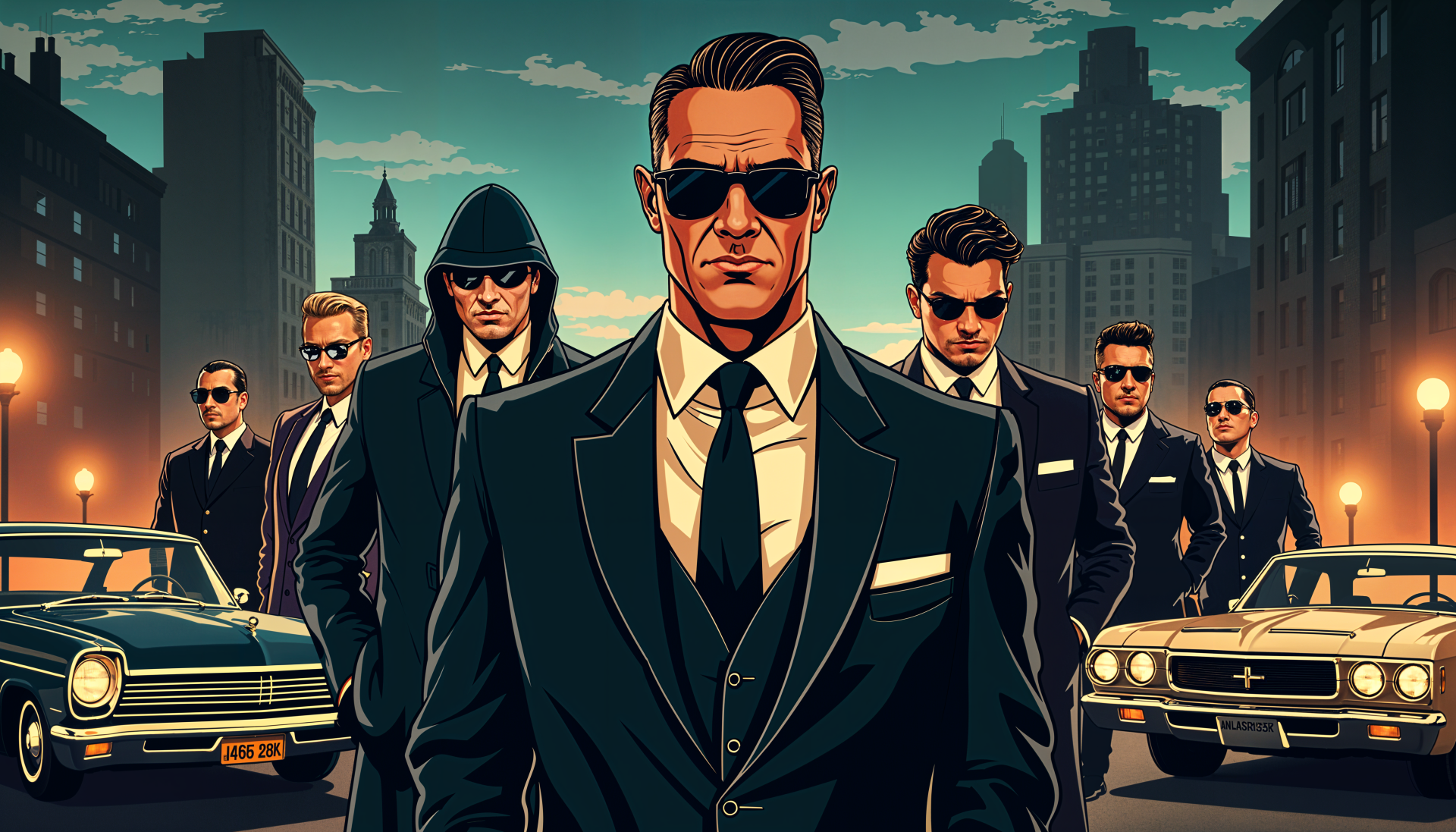 An intense mafia-themed 4K Ultra HD wallpaper featuring a group of sharply dressed individuals in suits, standing confidently against a cityscape backdrop with vintage cars.