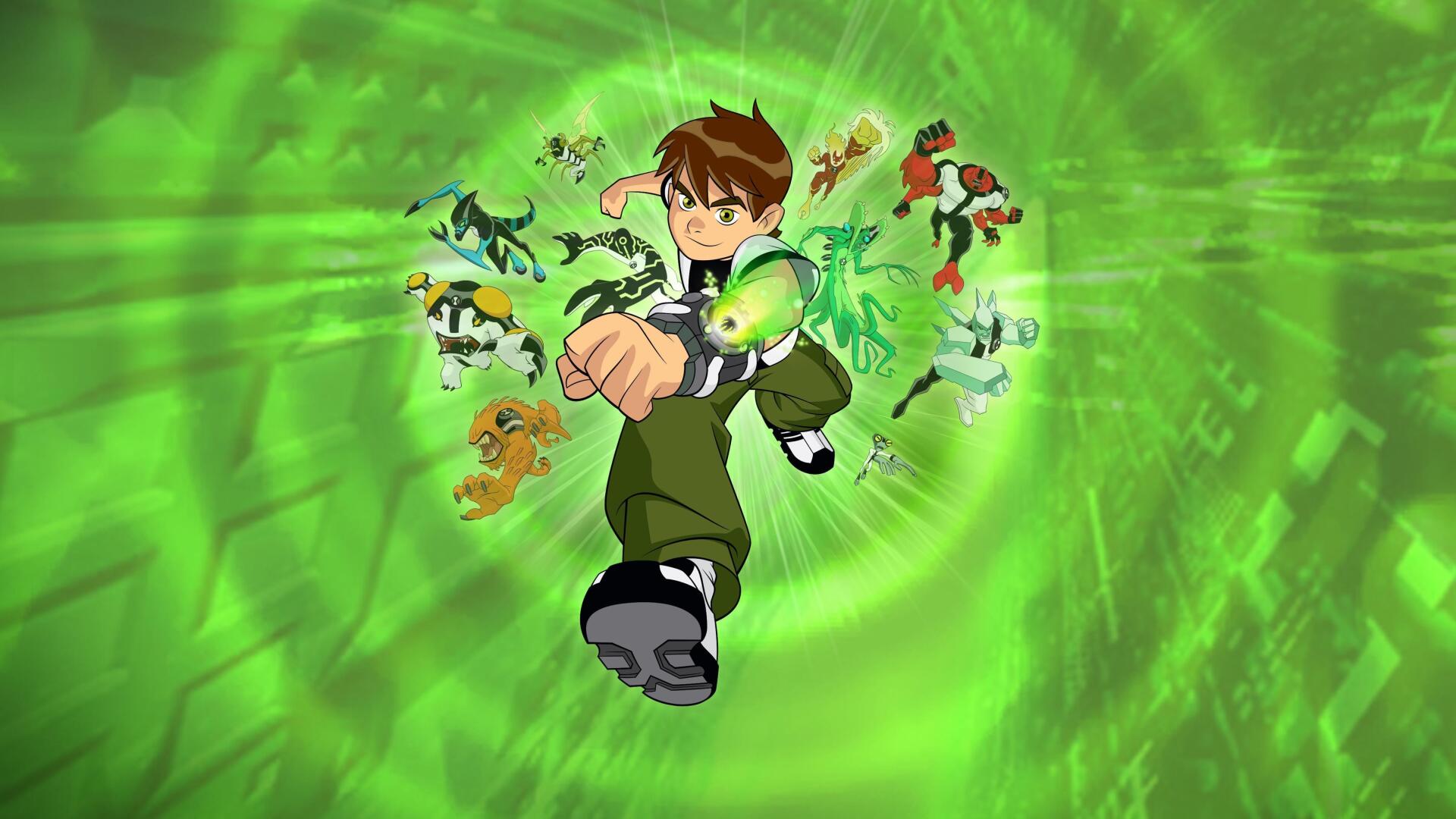 HD PC desktop wallpaper featuring Ben 10 surrounded by various alien forms against a vibrant green swirling background.