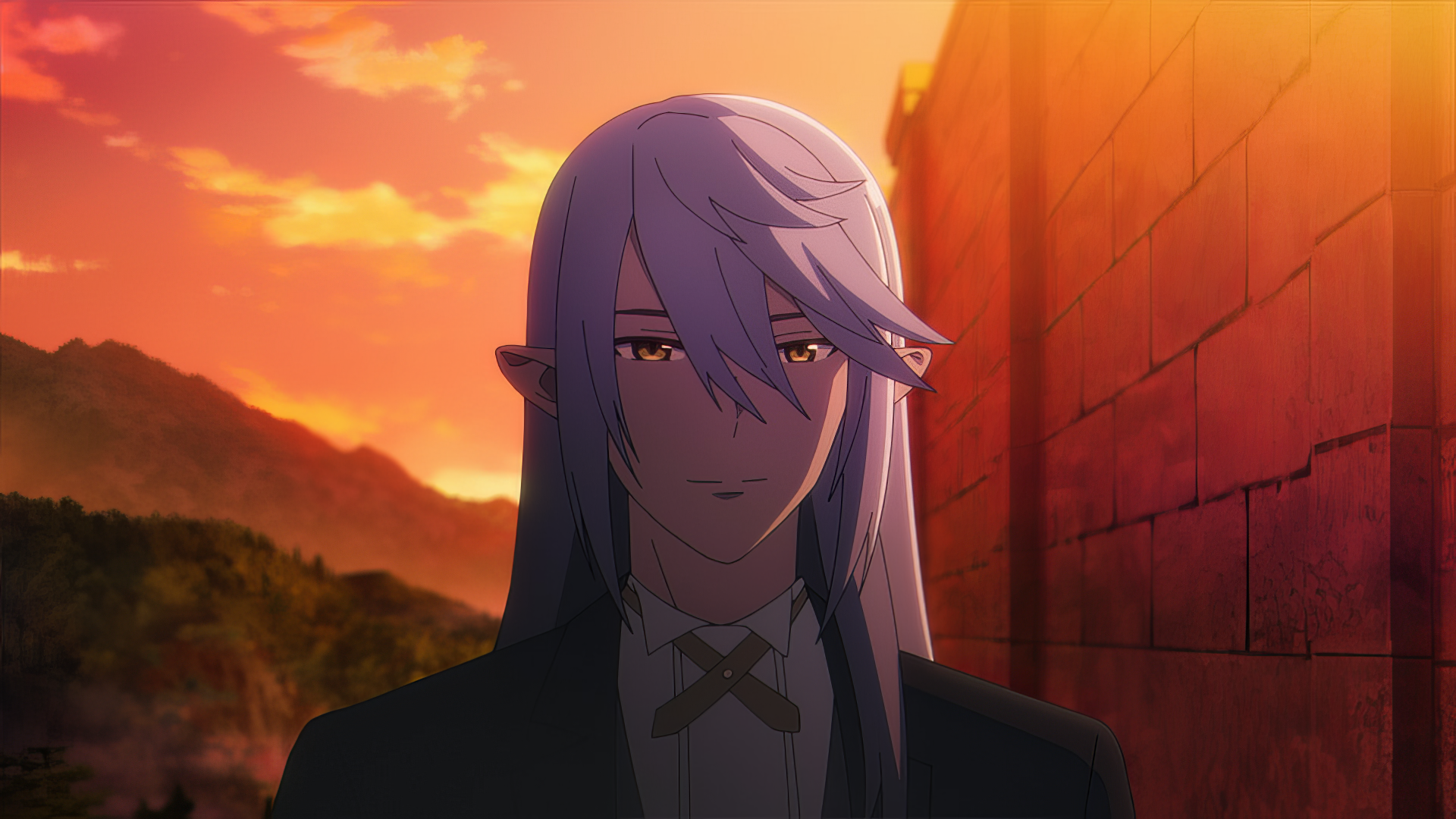 A serene scene from The Unwanted Undead Adventurer, featuring a character with long, silver hair against a vibrant sunset backdrop. Ideal HD wallpaper for anime enthusiasts.