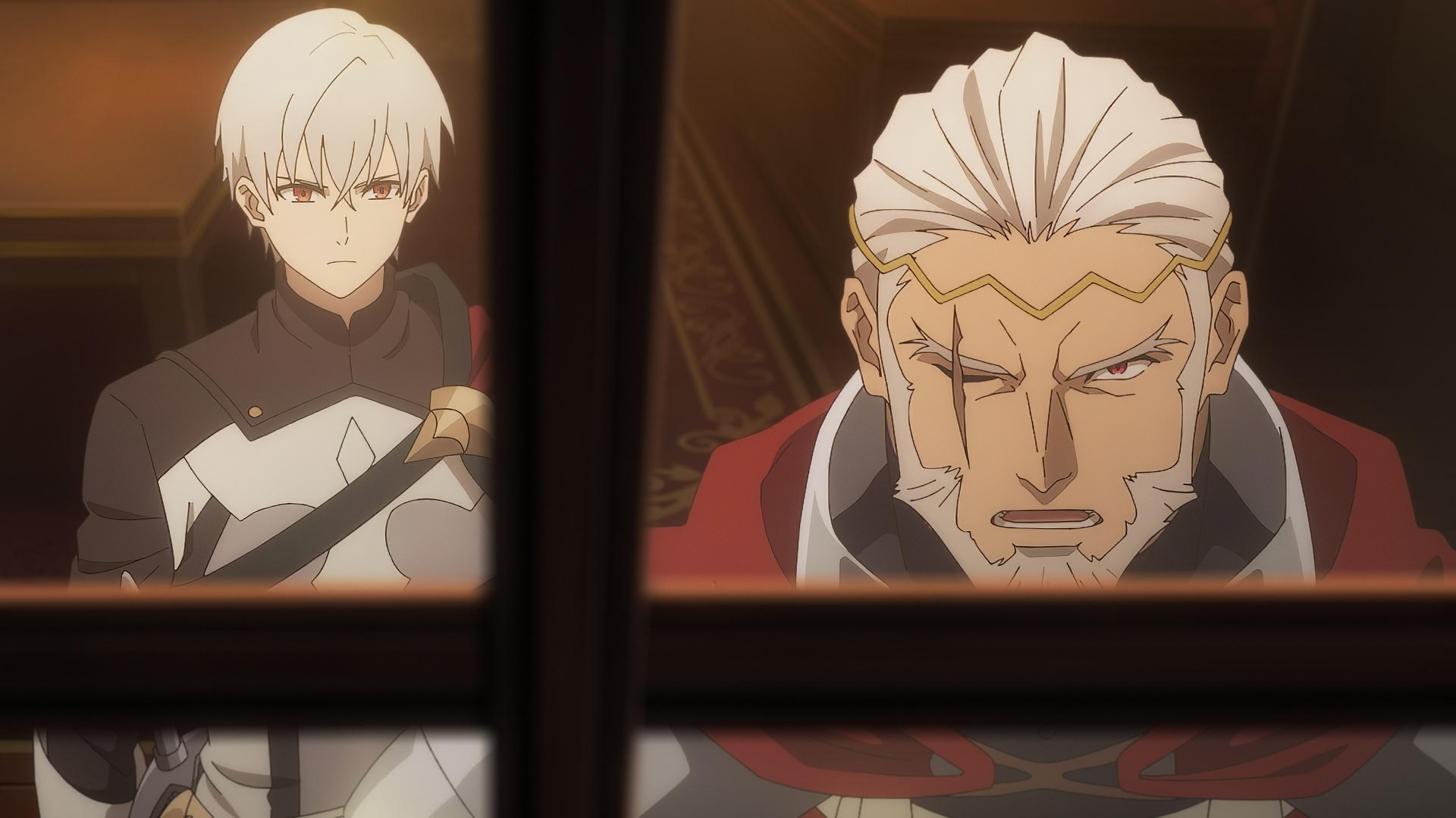 Anime desktop wallpaper featuring two characters: one with white hair in armor and another with a serious expression, all set within a dramatic interior scene.