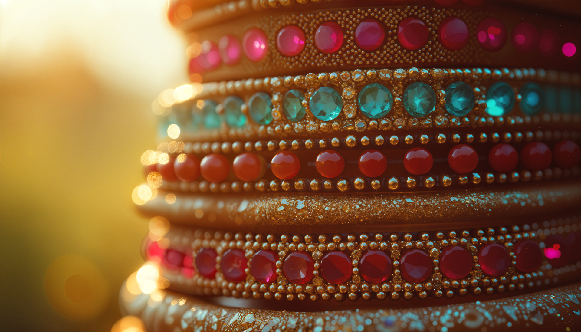A close-up of a vibrant stack of decorative bracelets featuring colorful gems, set against a warm, blurred background, suitable as a 4K Ultra HD desktop wallpaper.