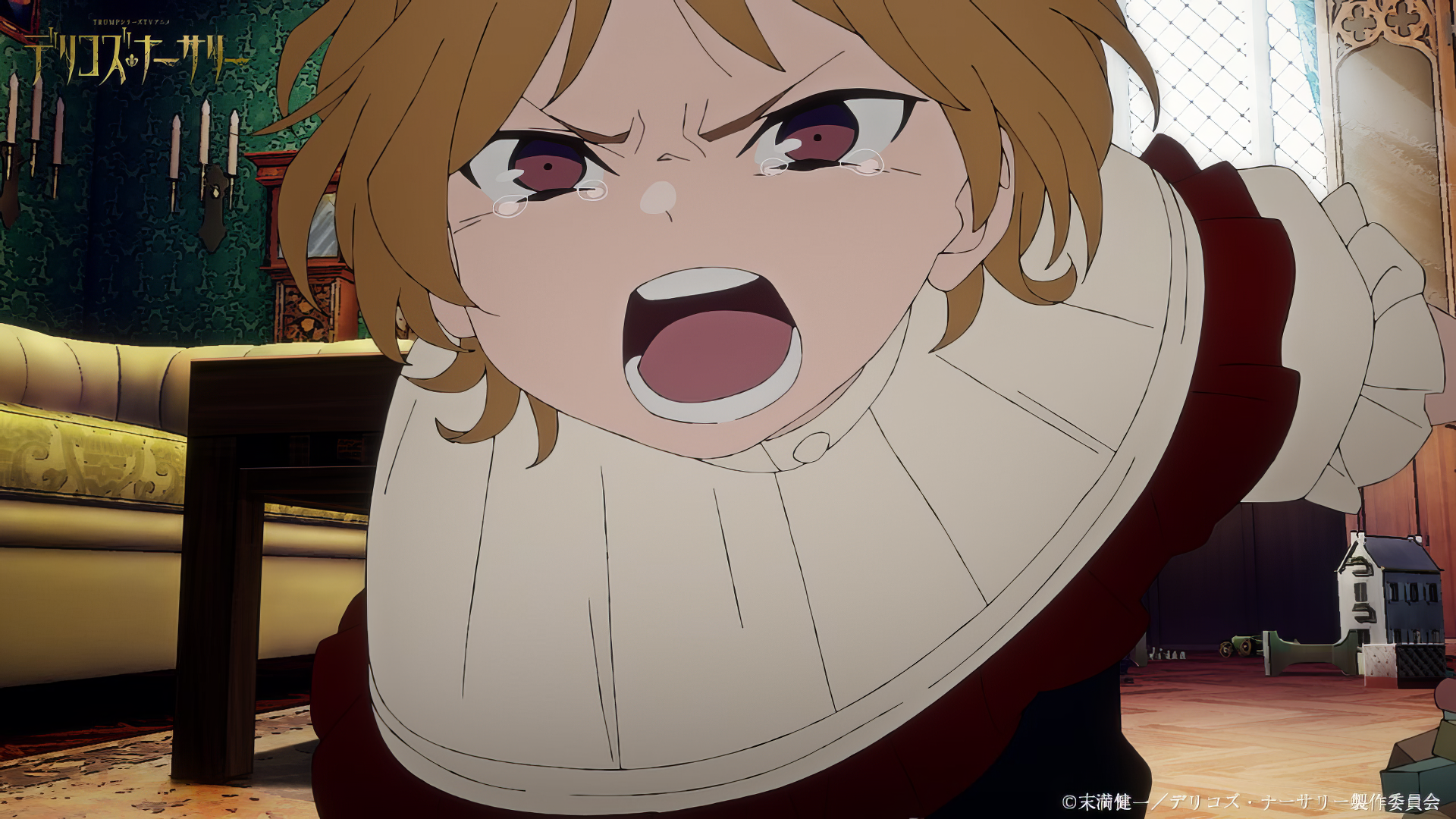 An intense scene from the anime Delico's Nursery, featuring a character with blonde hair and striking eyes, expressing strong emotions in a detailed, vibrant setting. HD desktop wallpaper.