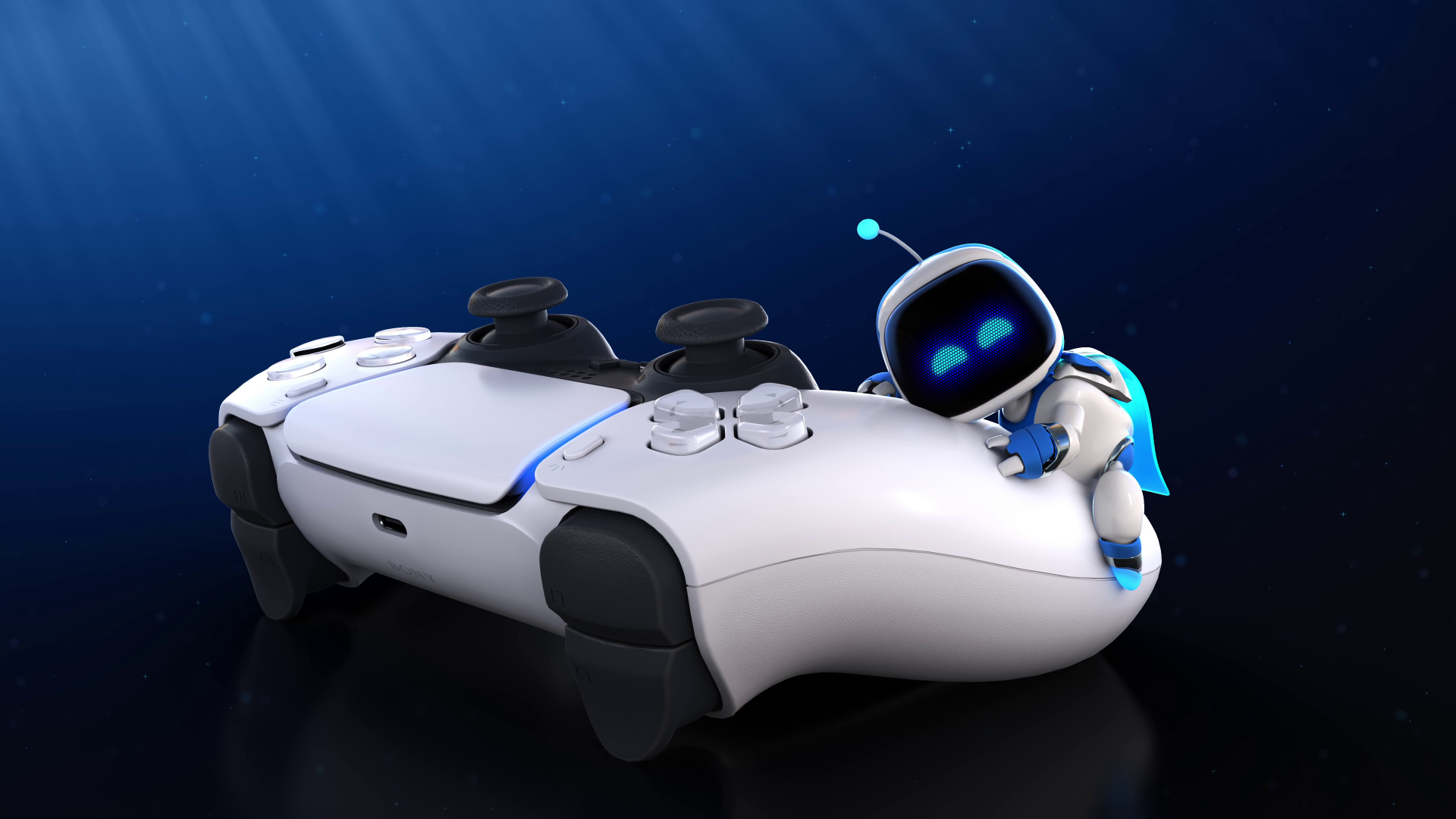 A vibrant 4K Ultra HD wallpaper featuring a playful character from Astro Bot Rescue Mission perched on a PlayStation 5 controller against a sleek blue background.