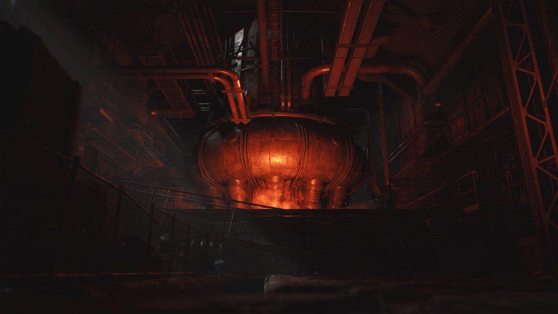 A moody, industrial setting with glowing orange machinery, part of the video game The Casting of Frank Stone, featuring HD quality as a striking PC desktop wallpaper.