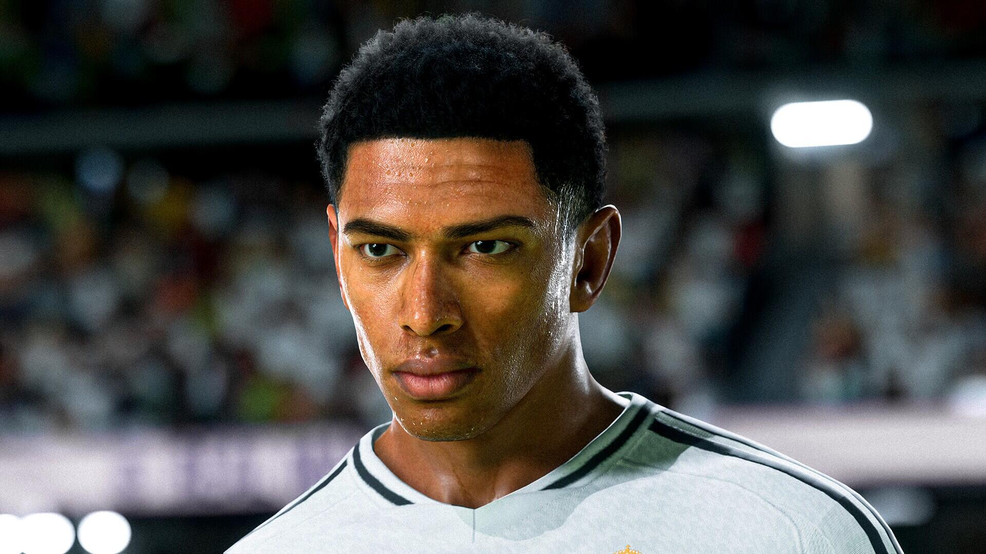 A high-definition desktop wallpaper featuring Jude Bellingham, a prominent player in EA SPORTS FC 25, capturing his focused expression during a soccer match.