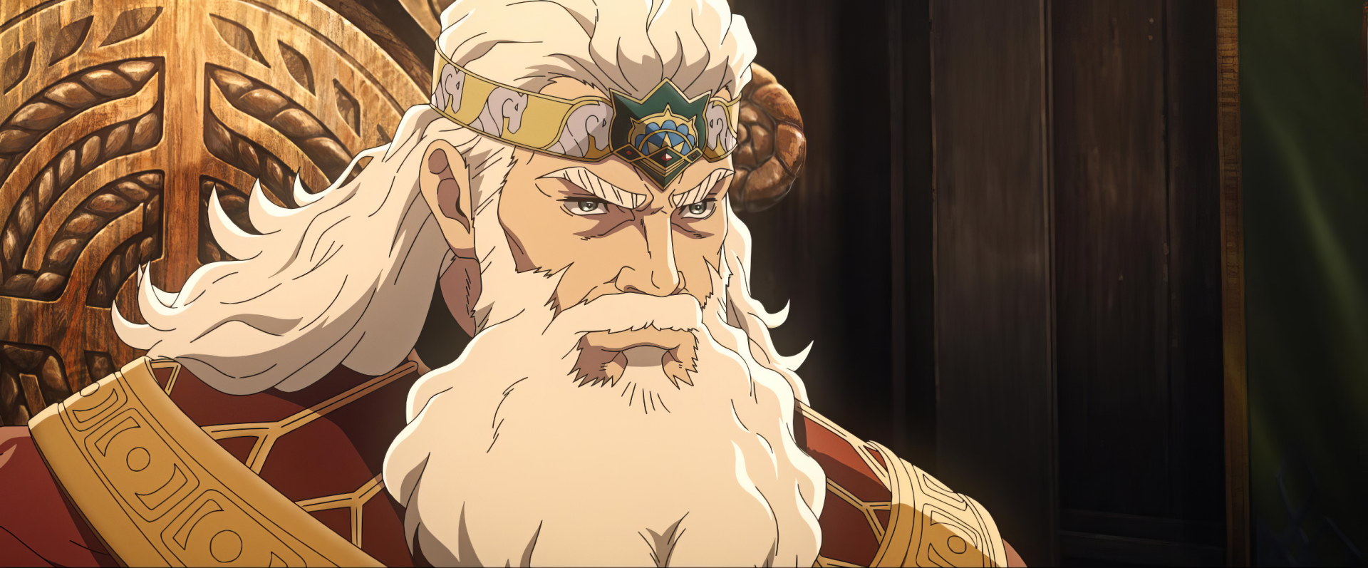 Anime-inspired image from The Lord of the Rings: The War of the Rohirrim, featuring a stern character with a majestic beard and crown, designed as a high-definition desktop wallpaper.