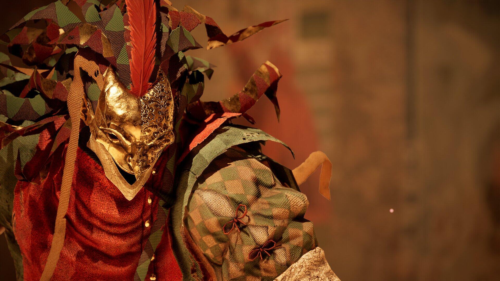 HD PC desktop wallpaper from the video game Enotria: The Last Song featuring a detailed, ornate mask with vibrant red and gold hues.