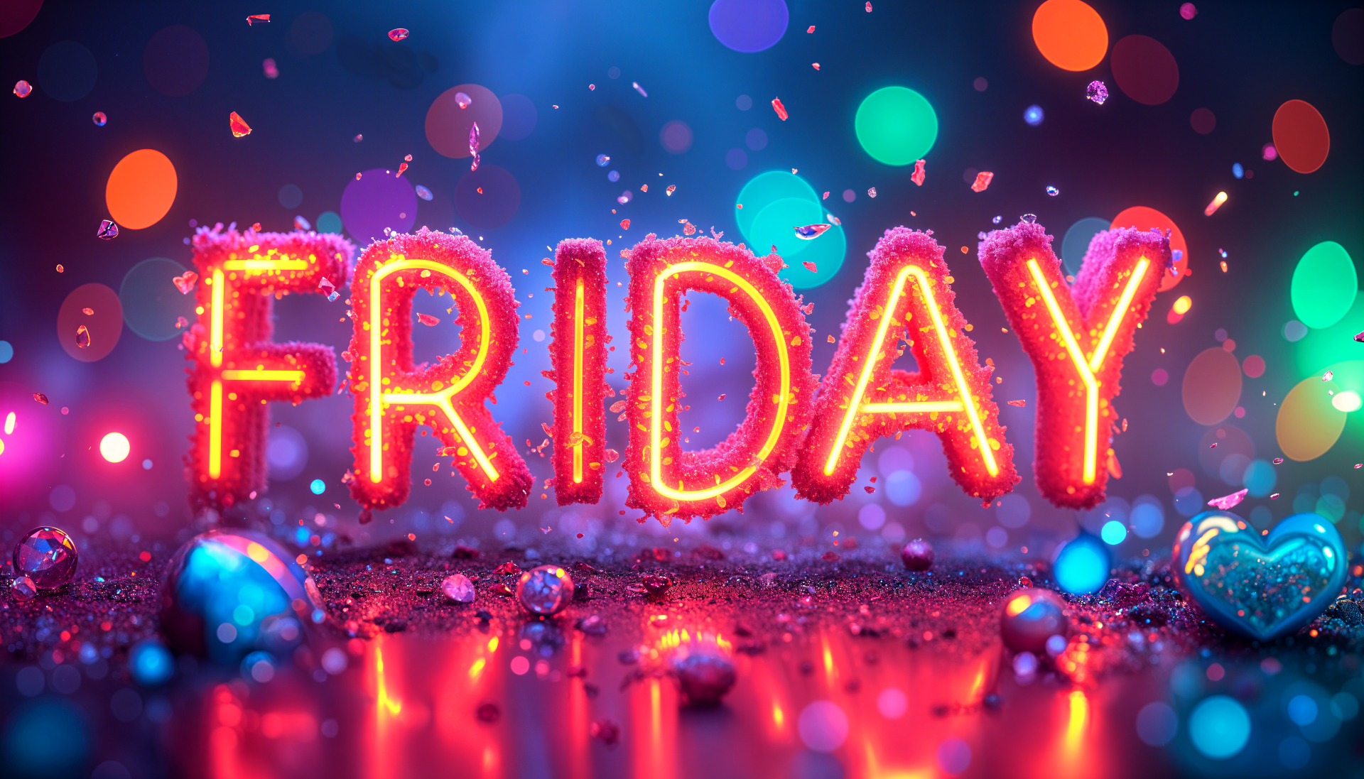 Colorful 4K Ultra HD desktop wallpaper featuring the word FRIDAY illuminated in bright neon lights, surrounded by vibrant bokeh and sparkling elements.